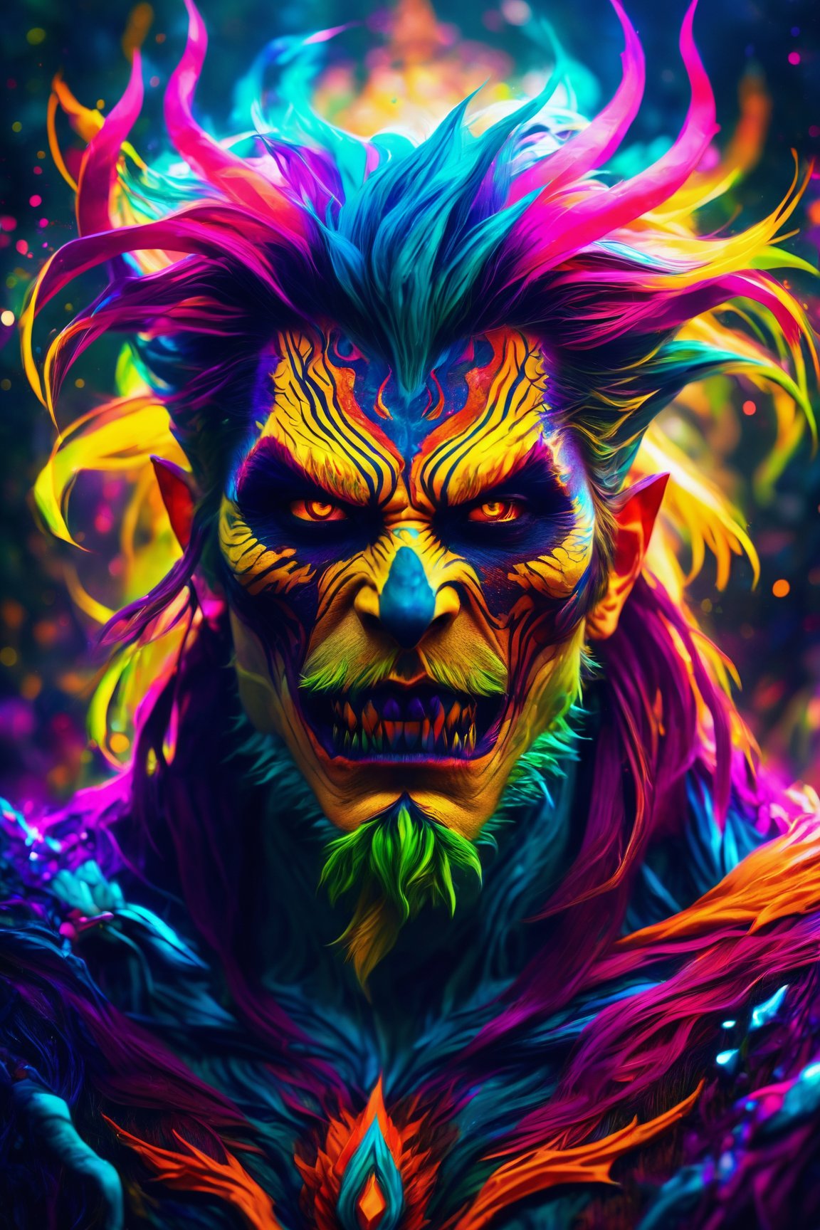 (best quality, 8K, highres, masterpiece), ultra-detailed, (photorealistic, cinematic), illustration painting of a luminous and enchanting bad guy undead/human-like creature with vibrant and dynamic anime-style colors. The creature, with dark, colorful hair, strikes a dynamic pose in a brilliantly lit fantasy realm environment filled with a kaleidoscope of colors. The mid-shot composition and rule of thirds depth of field emphasize intricate details, creating a fantastical realm that bursts with subtle and vibrant colors. The use of light particles enhances the scene's grandeur and awe, making it a stunning visual masterpiece in a double-exposure style. The strong outlines contribute to the scene's cinematic feel, creating a super colorful and visually captivating narrative