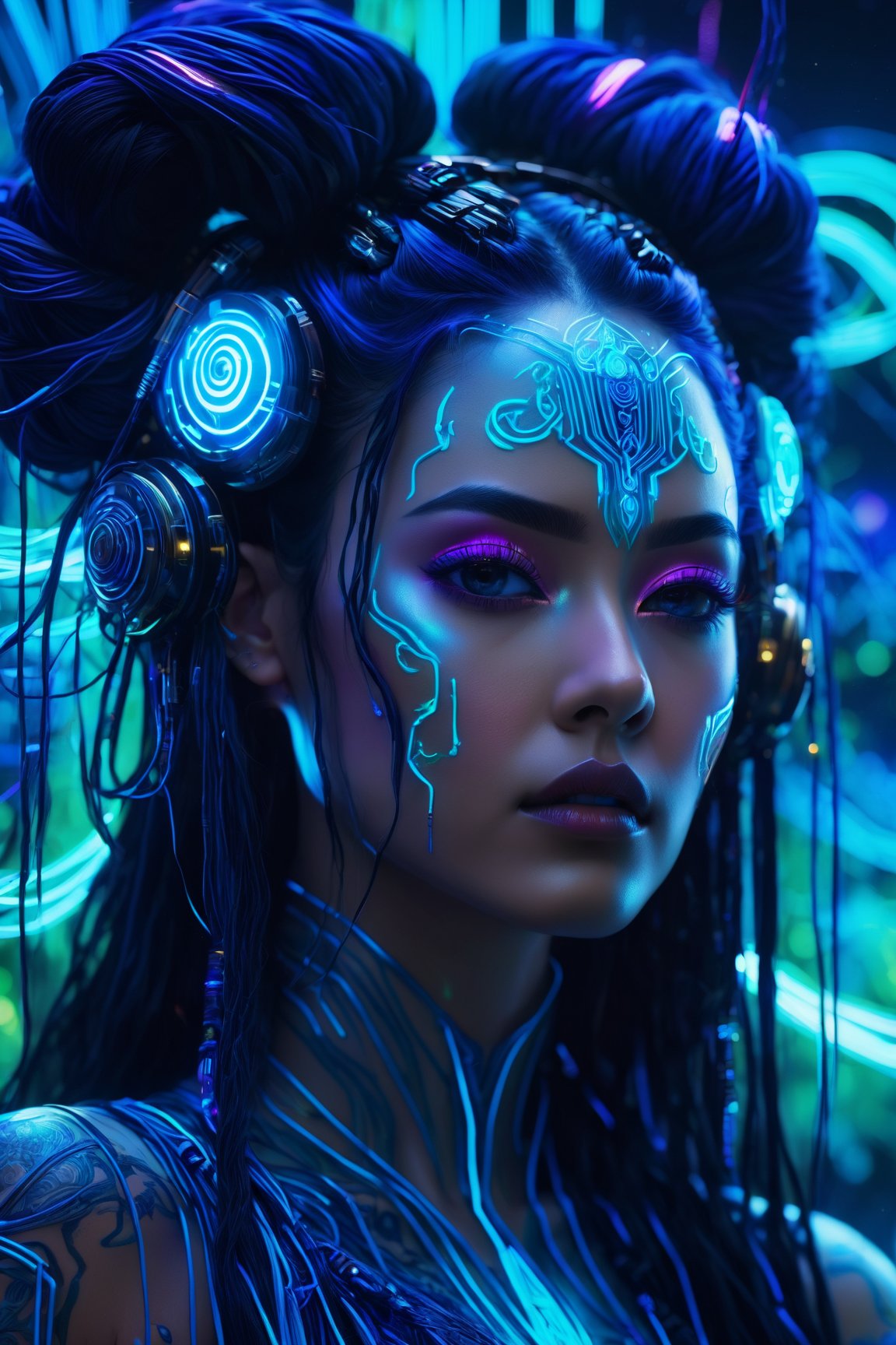 (best quality, 8K, highres, masterpiece), ultra-detailed, cyberpunk woman adorned with long black hair fashioned into space buns. In this ethereal scene, she embodies the role of the goddess of horticulture, surrounded by millions of microscopic, ultra-bright blue neon strings emanating from her form. composition showcases a stunningly beautiful backlit silhouette, intricately detailed and adorned with neon clouds, creating a mesmerizing and vivid blue color palette, Realism