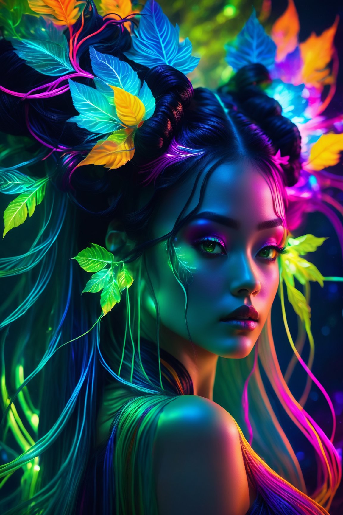 (best quality,8K,highres,masterpiece), ultra-detailed, (super colorful, fantasy creature style) portrayal of an enchanting being, resembling the goddess of horticulture. This otherworldly entity possesses long, flowing black hair styled in space buns and radiates an aura of mystic charm. Instead of ordinary hair, her locks are transformed into brilliant neon tendrils that flow like cascading waterfalls, each strand shimmering with a dazzling array of vivid colors. She stands as a beautiful backlit silhouette, her body adorned with millions of microscopic fibers, ultra-bright neon strings, and intricate neon vines and leaves that intertwine with futuristic flora. The entire scene is bathed in a vibrant green color palette, creating a mesmerizing and fantastical world where nature and technology harmoniously coexist in a breathtaking display of color and magic.