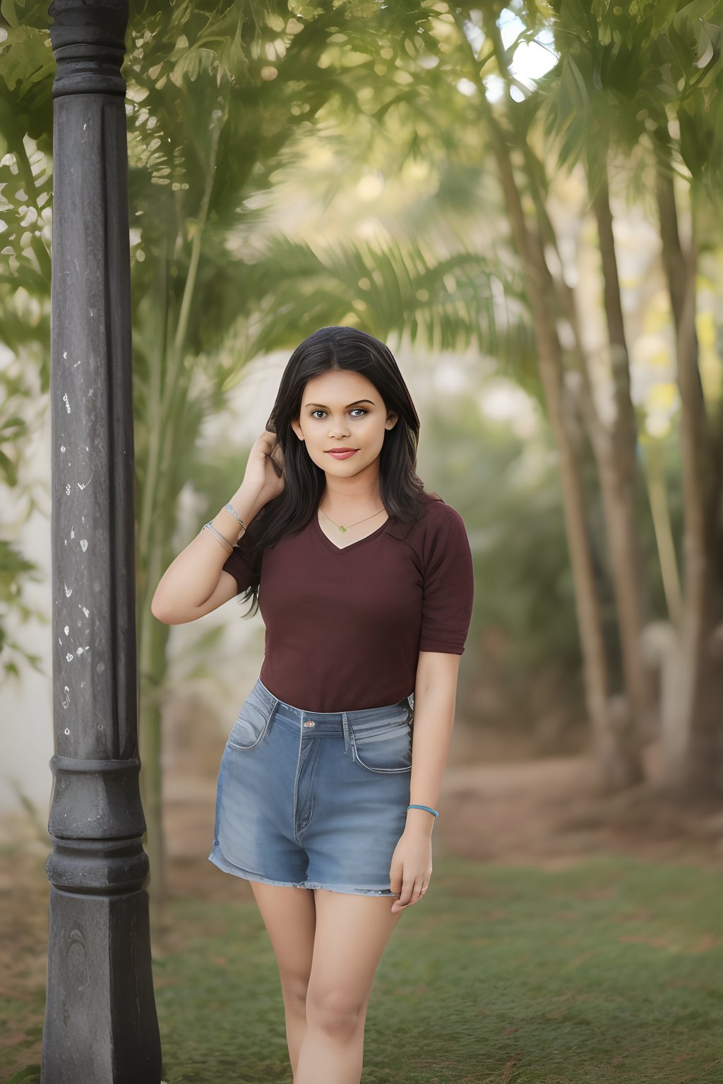 27 year old woman, mallu , solo, long hair, breasts, looking at viewer, brown hair, dress, bare shoulders, brown eyes, standing, collarbone, outdoors, parted lips, sky, day, off shoulder, white dress, blurry, tree, lips, blurry background, realistic,