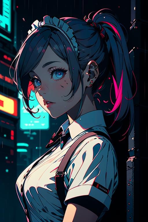 portrait,  illustration,  fcloseup,  face,  rgbcolor,  emotion,  cyberpunk,  maid,  twintails,  maid,  neon,  rain,<lora:EMS-251558-EMS:0.700000>