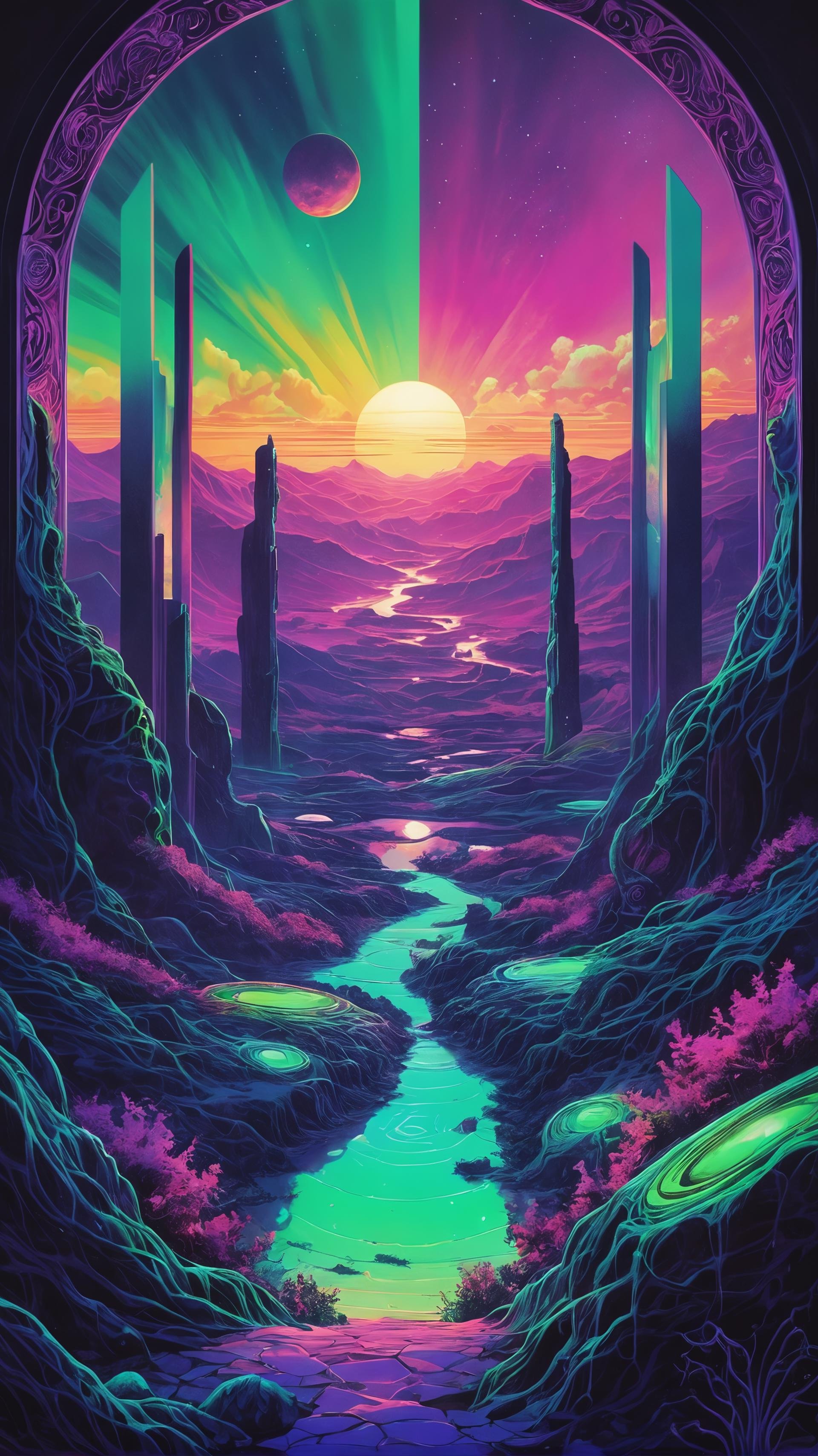 Super high definition, reflective pools, HDR, (Dark vaporwave color palette), eclipse, glowing archway, huge twisting vines, aerial view of rolling hills in bizarre alien landscape, Fibonacci, Enki, annunaki, monolith, megaliths with eyes, ufo, dna, cosmic serpent, vaporwave tiled (liminal space), iris, pixel art, vaporwave aesthetic, purple and green neon lights, bright splashes of alcohol ink puddles, volumetric light, auras, rays of sunlight, bright colors reflect, isometric, digital art, 3d render, chromatic aberration, octane render, volumetrics, by greg rutkowski, (glitched effect), by Frederik Vermehren,  (bleached, dark palette, highly professional, dramatic lighting, extremely beautiful:1.4), (intricate details, masterpiece, best quality:1.4), Psychedelic style, Vibrant colors, swirling patterns, abstract forms, surreal, trippy,  looking at viewer, dynamic pose in the style of Nicola Samori