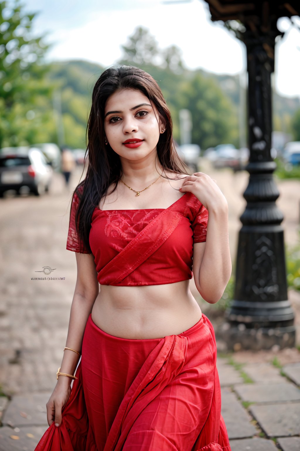 18 year old indian girl, brown long hair , wet hair, wearing red  lehenga , sunny Norway street , round breast , smirk  , red lipstick ,27 yo woman ,27 year old girl,27 old girl