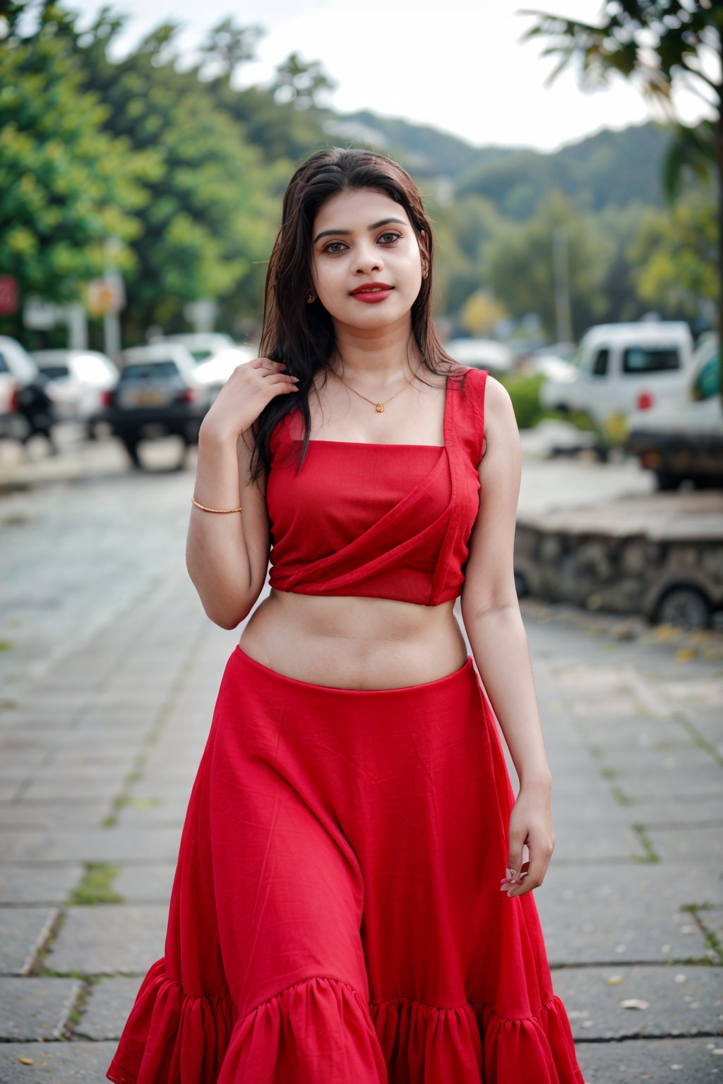 18 year old indian girl, brown long hair , wet hair, wearing red  lehenga , sunny Norway street , round breast , smirk  , red lipstick ,27 yo woman ,27 year old girl,27 old girl