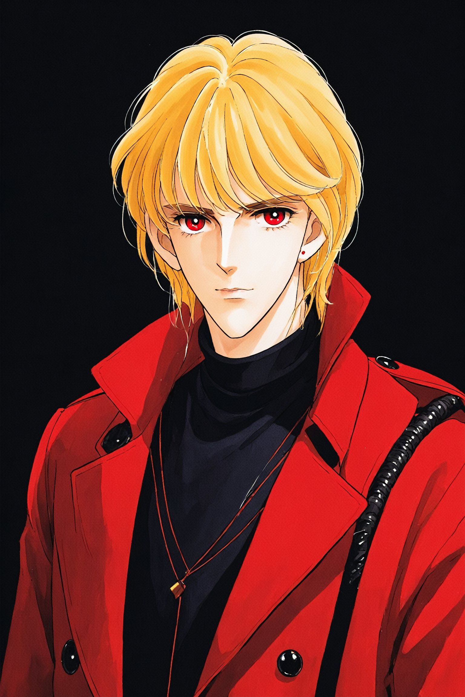 A portrait of a handsome man in slick collared red armored trenchcoat,  redriver, blonde hair,  neck-length wavy hair,  25 years old of age,  white background,  serious face expression,  red eyes,  wearing a thin black turtleneck The Dark Huntsman , black steel cane , sword on the back,  blend,  bright eyes,<lora:EMS-61413-EMS:0.100000>,<lora:EMS-277181-EMS:0.600000>
