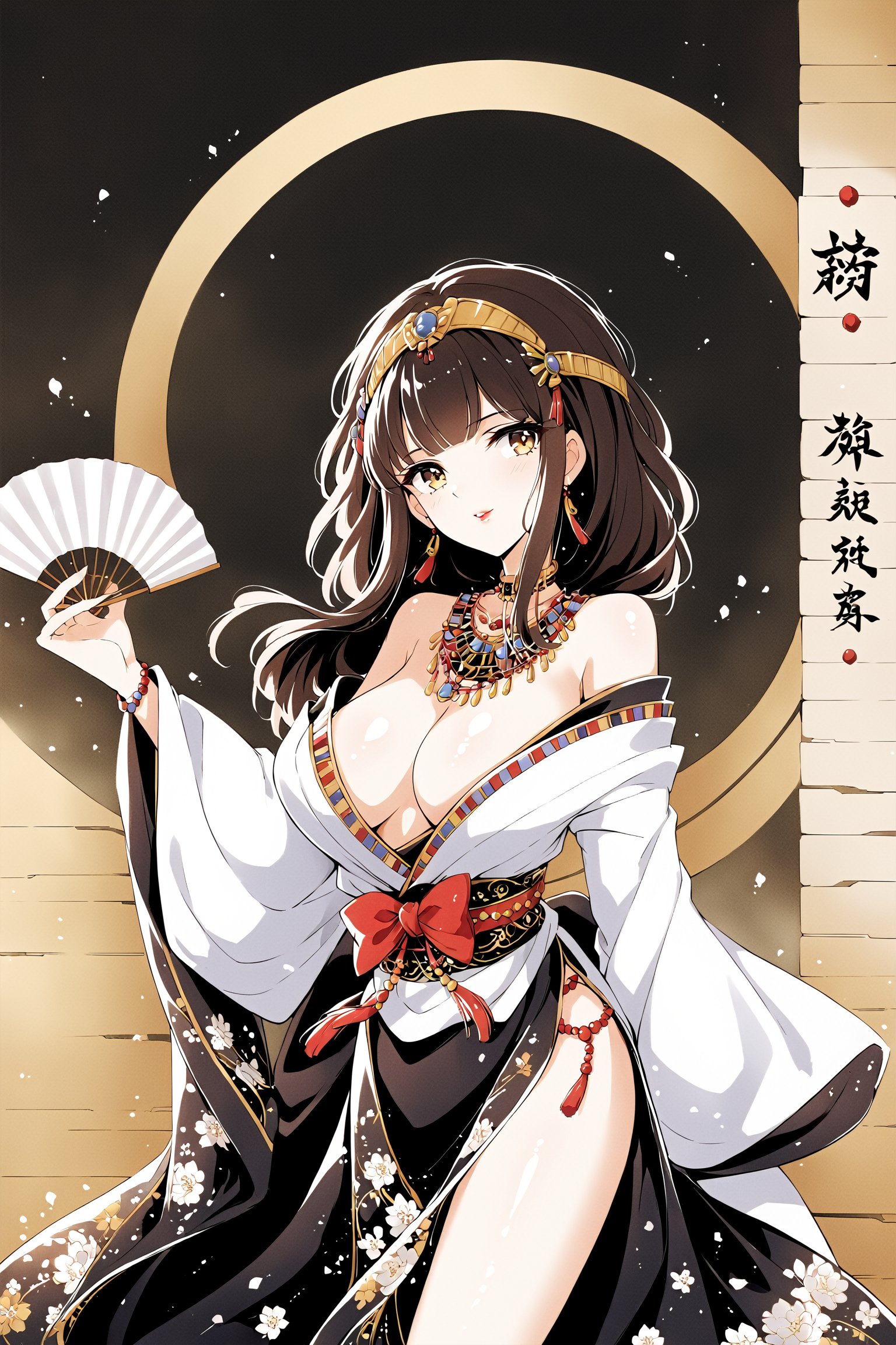 (graphite_medium),  ((((masterpiece)))),  (((best quality))),  (finely detailed illustration), (1girl), (solo:1.5),  (( extremely delicate and beautiful)),  redriver,  ((bangs)),  brown hair,  layered kimono,  long sleeves,  wide sleeves,  intricate details,  Japanese clothes,  hairpin,  seductive smile,  mature female,  character concept,  beautiful,  sexy,  contrapposto,  stylish,  very long hair,  wind lift,  looking at viewer,  east asian architecture,  cover page,  (low ponytail:1.3),  lipstick,  uhdr,  perfect hands,  holding hand fan,  floral print,  head tilt,  nail polish,  shiny,  volumetric lighting,  looped sidelocks,  large breasts,  off shoulder,  bare shoulders,  shimmer,  glitter,  atmospheric perspective,  ((egyptian clothes)), more detail XL, DonM3lv3nM4g1cXL, photo r3al,<lora:EMS-24184-EMS:0.200000>,<lora:EMS-61413-EMS:0.100000>,<lora:EMS-277181-EMS:0.800000>,<lora:EMS-266716-EMS:0.300000>