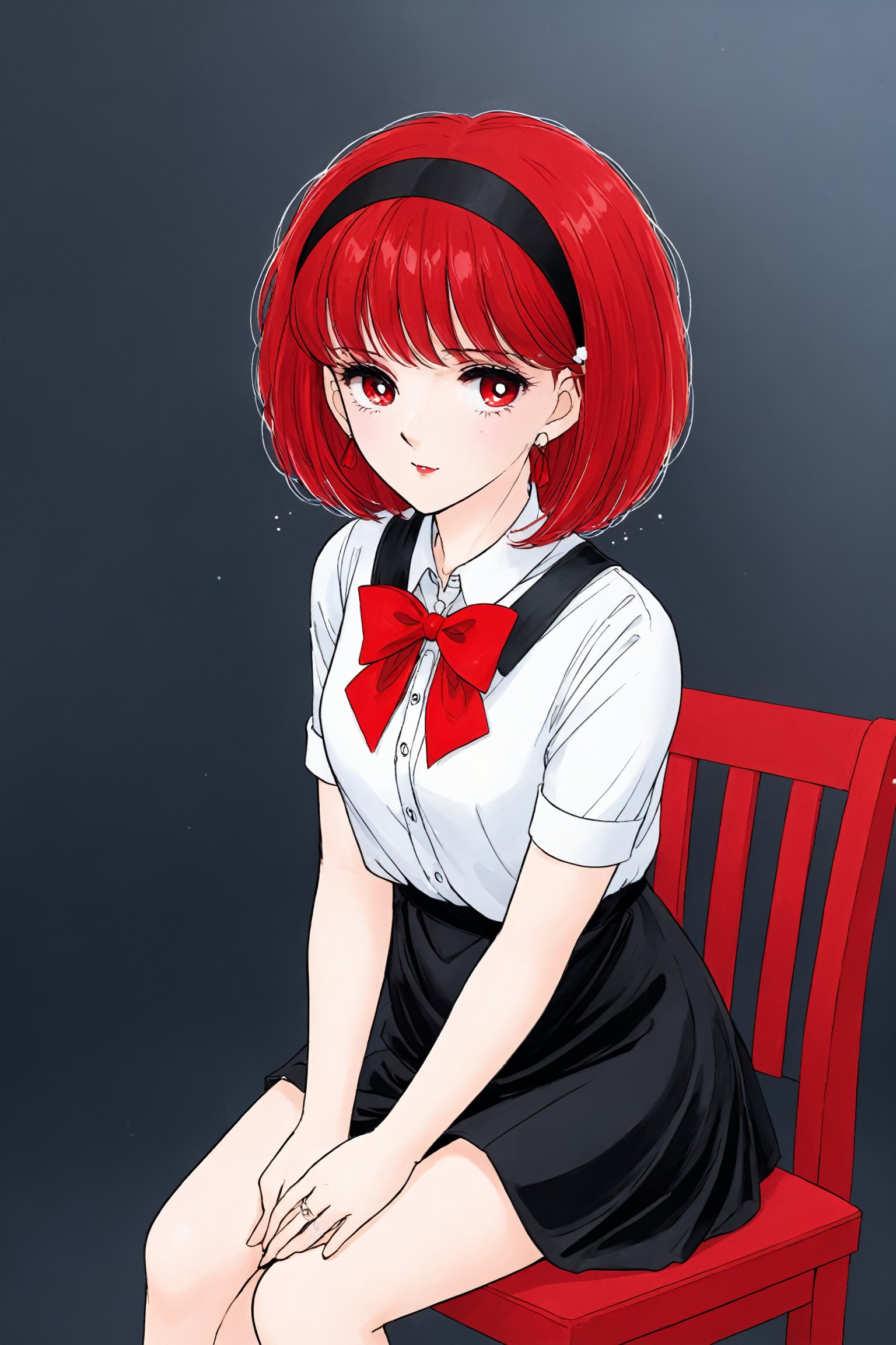 female, (masterpiece,  best quality,  ultra detailed,  absurdres)1.5, white shirt black dress neck ribbon, redriver, 1girl short hair, demonictech,  red hair,  bangs,  sitting,  from_behind,  looking_at_viewer,<lora:EMS-61413-EMS:0.100000>,<lora:EMS-277181-EMS:0.600000>