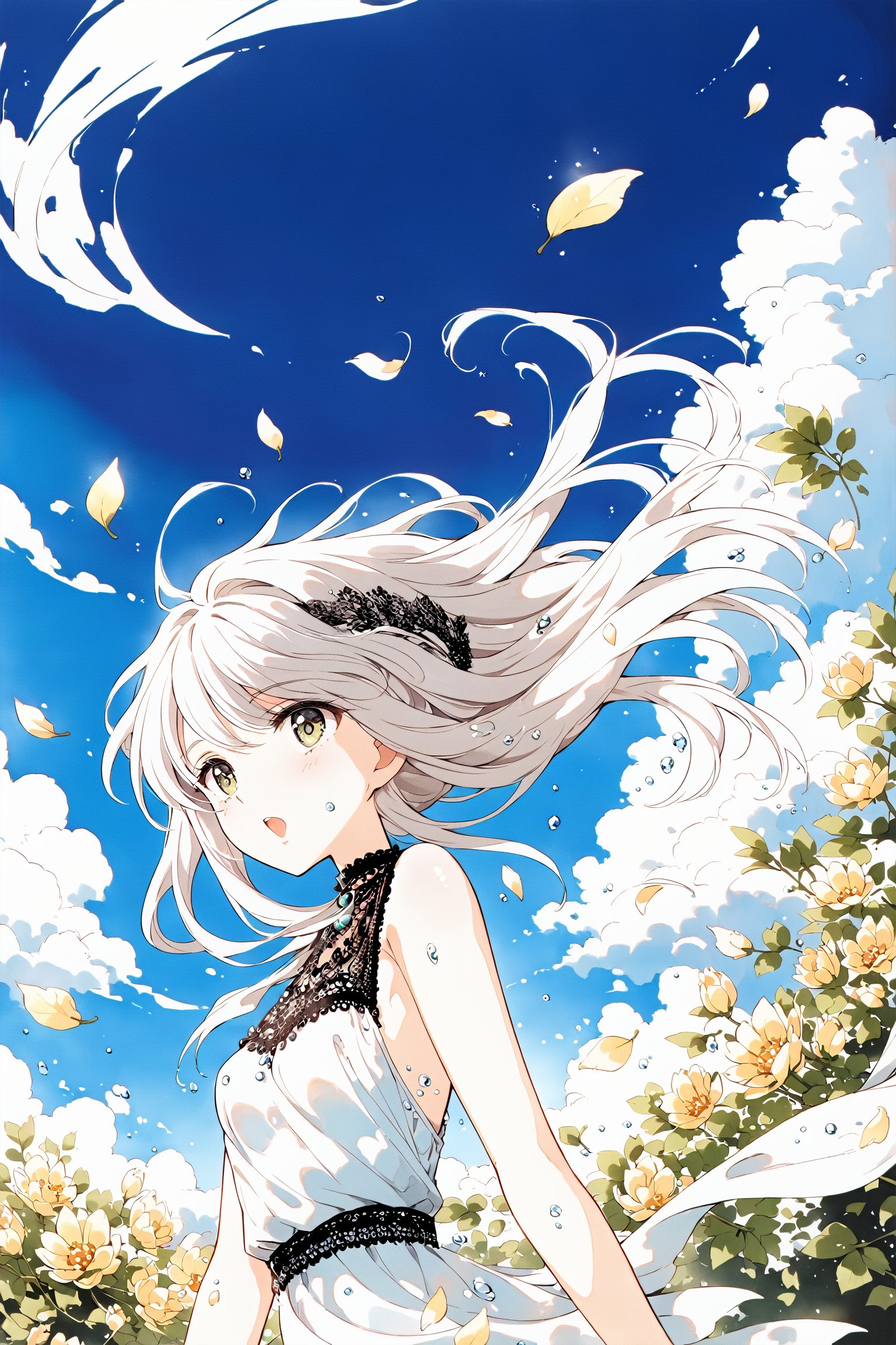 super fine illustration, masterpiece,  best quality, {beautiful detailed eyes}, 1girl, finely detail, Depth of field,  (watercolor_medium),  redriver,  finely detailed illustration, 8k wallpaper, bluesky, cumulus, wind, insanely detailed frills, extremely detailed lace, BLUE SKY, very long hair, Slightly open mouth, high ponytail, silver hair, small Breasts, cumulonimbus capillatus, slender waist, There are many scattered luminous petals, Hidden in the light yellow flowers, Depth of field, She bowed her head in frustration, Many flying drops of water, Upper body exposed, Many scattered leaves, branch , angle , contour deepening, cinematic angle , {{{Classic decorative border}}},<lora:EMS-61413-EMS:0.100000>,<lora:EMS-277181-EMS:0.800000>,<lora:EMS-266716-EMS:0.300000>,<lora:EMS-24184-EMS:0.200000>