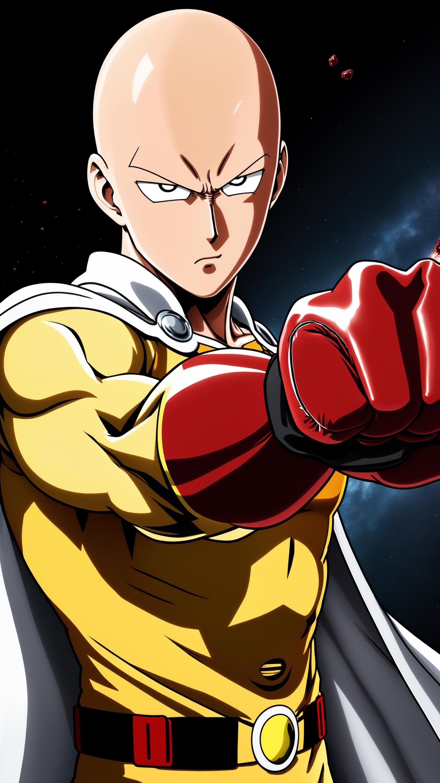 Saitama, one punch man, (cartoon style), serious face, stretching his arm back, saitama prepares a punch, (blood on costume), angry face, saitama one punch man about to punch, dramatic scene, anime style, detailed, 4k, ultra detailed cartoon, western cartoon style, breaking time and space, dynamic pose, saitama musculouse body