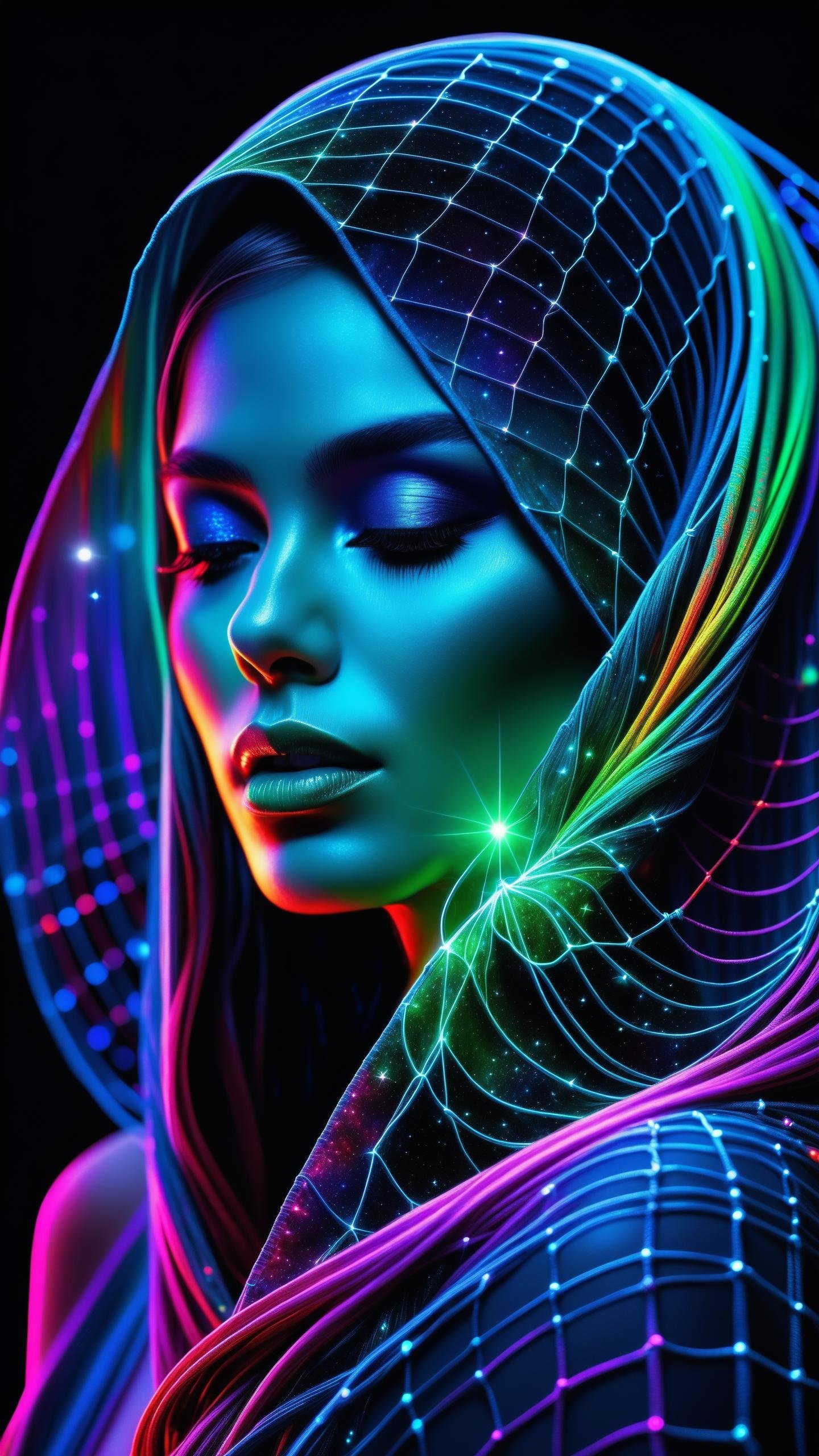 cartoon style, masterpiece, best quality, ultra high res, extremely detailed, (psychedelic art:1.4), woman, veil, visually stunning, beautiful, award-winning illustration, cosmic space background, ethereal atmosphere, ultra quality, beautiful girl, cosmical concept, rainbow strings, rainbow skin, rainbow bloody veins growing and intertwining out of the darkness, nailed wire, oozing thick blue blood, sharp neon, veins growing and pumping blood, vascular networks growing, green veins everywhere, yin and yang, glowing space, glowing stars, infinity symbol