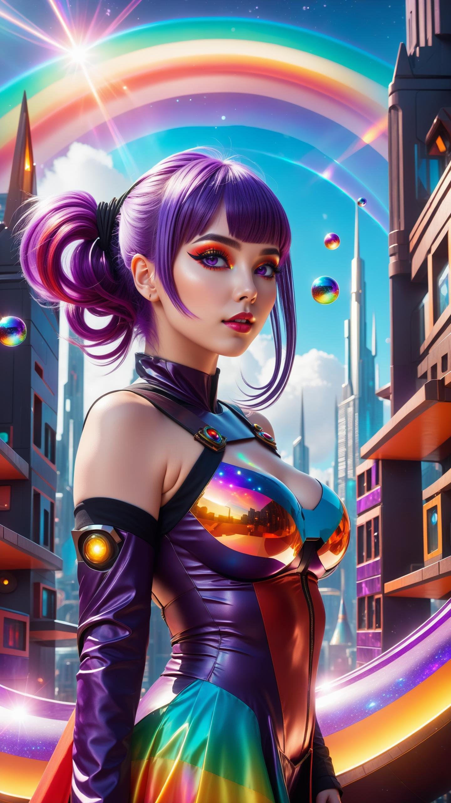 (Highest picture quality), (ultra sharp), 1girl, (ultra-detailed), (Detailed eyes, goddess body:1.0), (lens flare:1.0), (in a futuristic city, dystopian city background:1.3), (cute girl, chubby:1.0), the portrait is centered, (floating colorful flame:1.0), (many colorful spirals:1.0), (floating red soft balls:1.0), (magic ritual:1.0), (easygoing, pastel:1.2), (colorful:1.1), (beautiful detailed glow:1.0), (leaning to the side:1.2), (smile:1.0), (kawaii girl:1.0), (cute face:1.2), (eyeshadows), (purple hair:1.25), (medium hair:1.0), (from behind:1.3), (dynamic pose:1.1), (asymmetrical hair:1.2), (orange armor:1.0), (casual, casual clothes), (puffy dress), (red eyes:1.4), blunt bangs, ponytail, long white hair, long coat, (pointy ears, (elf:0.5):1.1), (alien planet:1.4), (indoors, inside:1.1), witch yellow hat, straw hat, (laying:1.1), (portrait:1.25), (Highest picture quality), (Master's work), (ultra-detailed), (Detailed eye description:1.0), (lens flare:1.0), (Tarot border:1.0), the portrait is centered, (close up:1.0), (nagative space:0.7), (solo), (floating colorful ink:1.0), (many colorful cubes:1.0), chubby girl, (floating white soft balls:1.0), (ice wings:1.0), (mysterious, eerie:1.2), (colorful:1.0), (beautiful detailed glow:1.0), (grim expression:1.0), (lips, eyelashes:1.0), (closed mouth:1.0), (purple hair:1.3), (medium breast:1.2), (from above:1.3), (head tilt:1.0), (dynamic pose:1.1), (asymmetrical hair:1.2), (latex dress, latex clothes:1.1), (plaid skirt), (rainbow eyes:1.4), diagonal bangs, high twintails, drill hair, tie, (floating cape:1.0), (shrine:1.4), (indoors,inside:1.1), (laying:1.1), (dark glass skin:1.3), (upper body:1.25), fang, skin fang, empty eyes, dark atmosphere, detailed ass