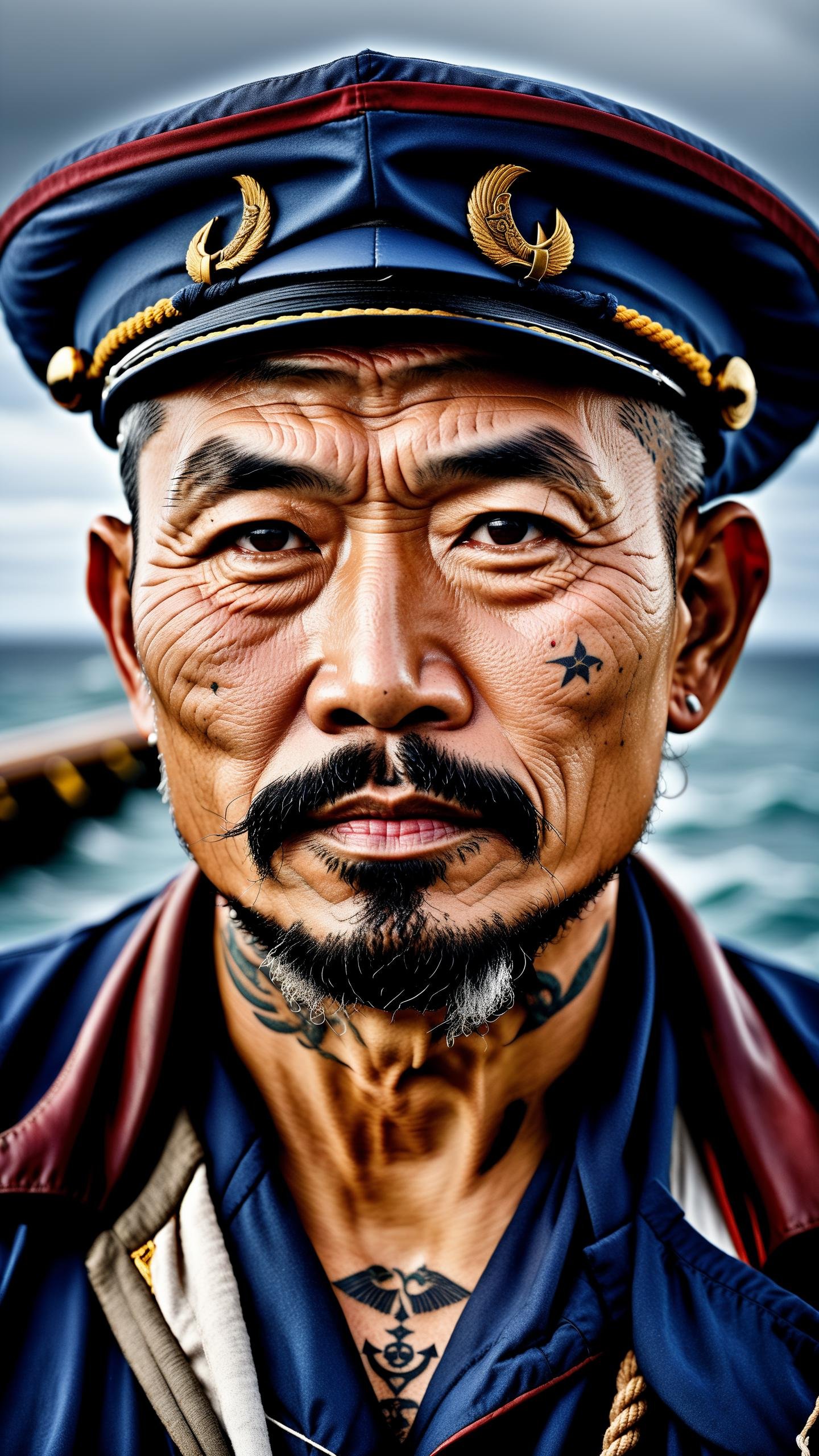 Hyper detailed photograph of a captivating portrait of a wise and weathered middle aged sailor, asian male, goatee, adorned with nautical tattoos and a rugged expression that tells tales of countless voyages, award winning realistic photograph by the world best portrait photographer, overcast day, vivid fantasy colours, nikon, award winning, breathtaking, groundbreaking, superb, outstanding, lensculture landscape awards, photoshopped, evenly lit features, 8k, hi res