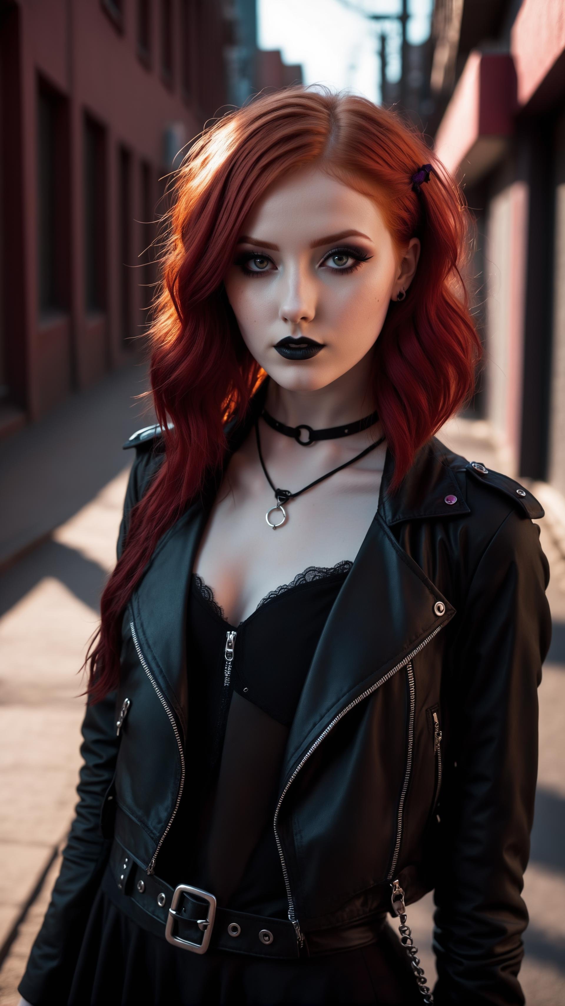 Dark shot, city street, pastel goth, sexy goth girl, photo of cute 24 years old redhead woman, cinematic shot, hard shadows, photorealistic, cute face, looking at viewer