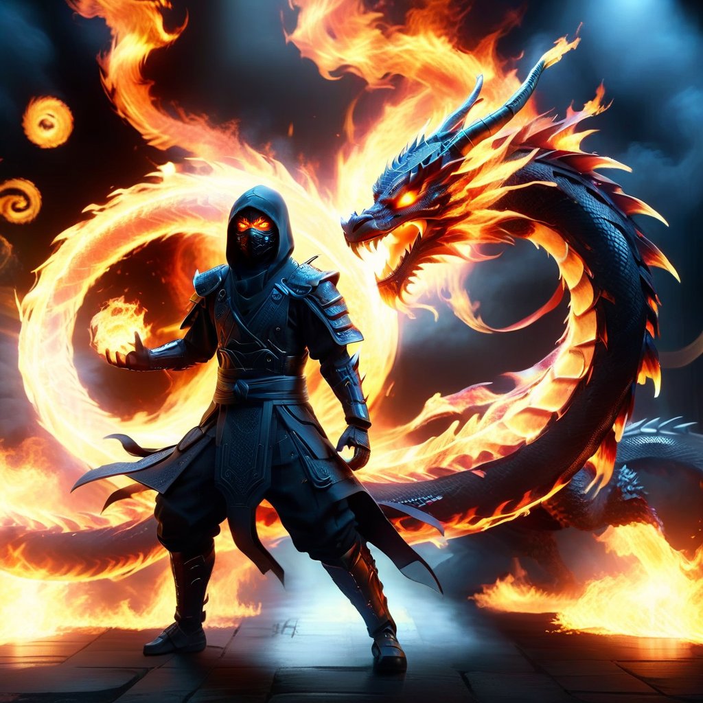 Ninja, Katon, Ninjutsu, Solo, 1boy, Standing, Full, Body, Male, Focus, Hood, Armor, Glowing, Fire, Glowing, Eyes, Dragon,