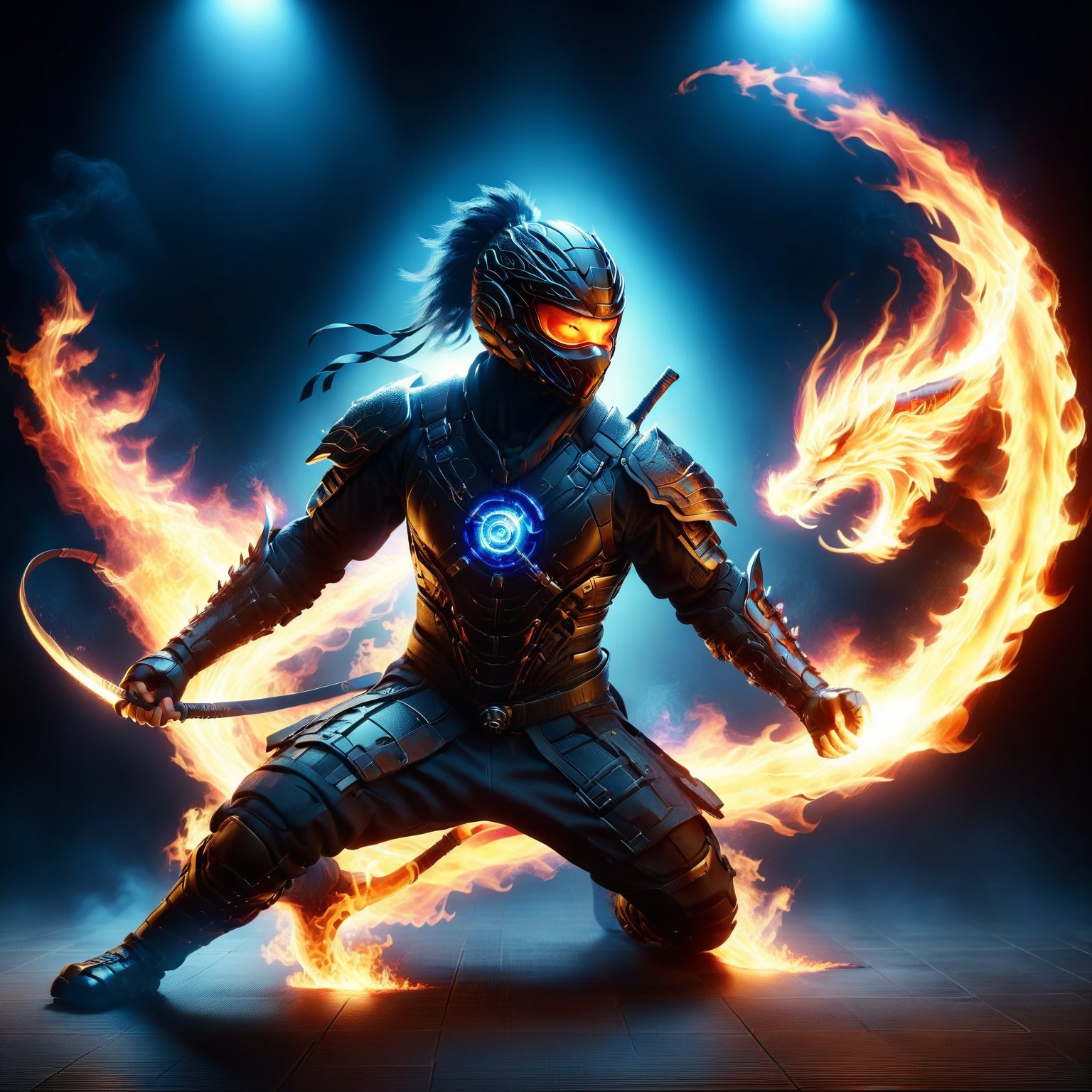 Ninja, Katon, Ninjutsu, Solo, 1boy, Holding, Full Body, Weapon, Male Focus, Sword, Holding Weapon, Armor, Bodysuit, Glowing, Holding Sword, Squatting, Helmet, Fire, Cyborg, Glowing Weapon, Glowing Sword, Flaming Weapon, Flaming Sword, 