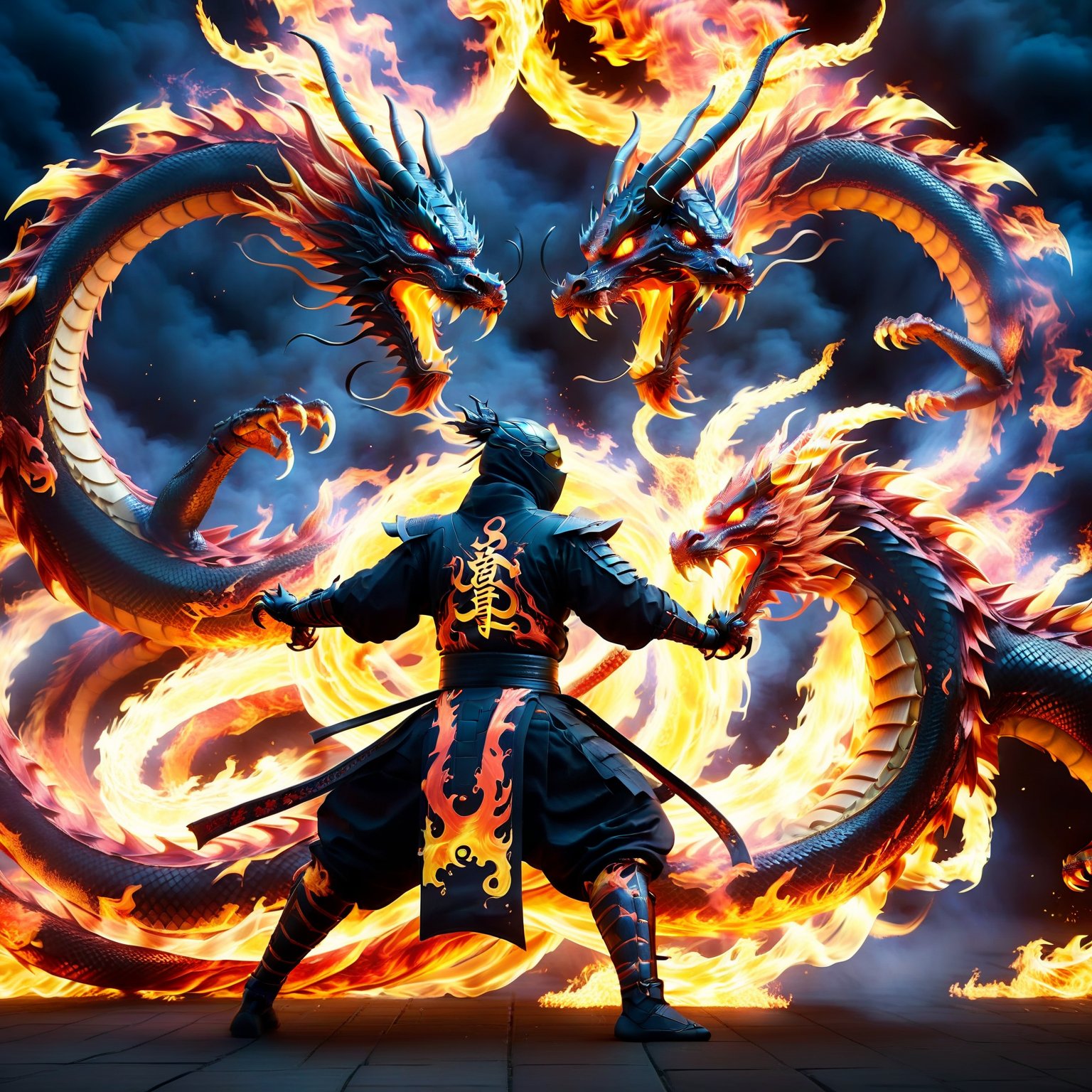 Create an image of a futuristic Japanese ninja manipulating flames and the energy of fire to form two gigantic flame dragons spiraling around their entire body. The ninja, dressed in advanced Japanese ninja attire, should be depicted in a dynamic and commanding stance, using advanced abilities to control and shape the flames and fire energy into two large dragons. The image should capture the moment where the ninja masterfully forms two massive dragon shapes made of fire, spiraling around their body, symbolizing their extraordinary control over the element. The scene should be visually captivating, showcasing the two gigantic flame dragons with impressive detail, scale, and a sense of intense fiery power, emphasizing the futuristic and awe-inspiring nature of the ninja's abilities.