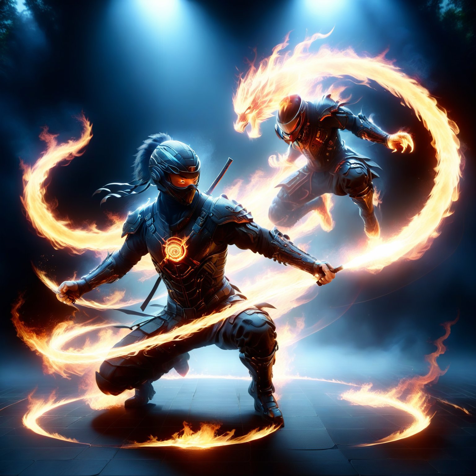 Ninja, Katon, Ninjutsu, Solo, 1boy, Holding, Full Body, Weapon, Male Focus, Sword, Holding Weapon, Armor, Bodysuit, Glowing, Holding Sword, Squatting, Helmet, Fire, Cyborg, Glowing Weapon, Glowing Sword, Flaming Weapon, Flaming Sword, 