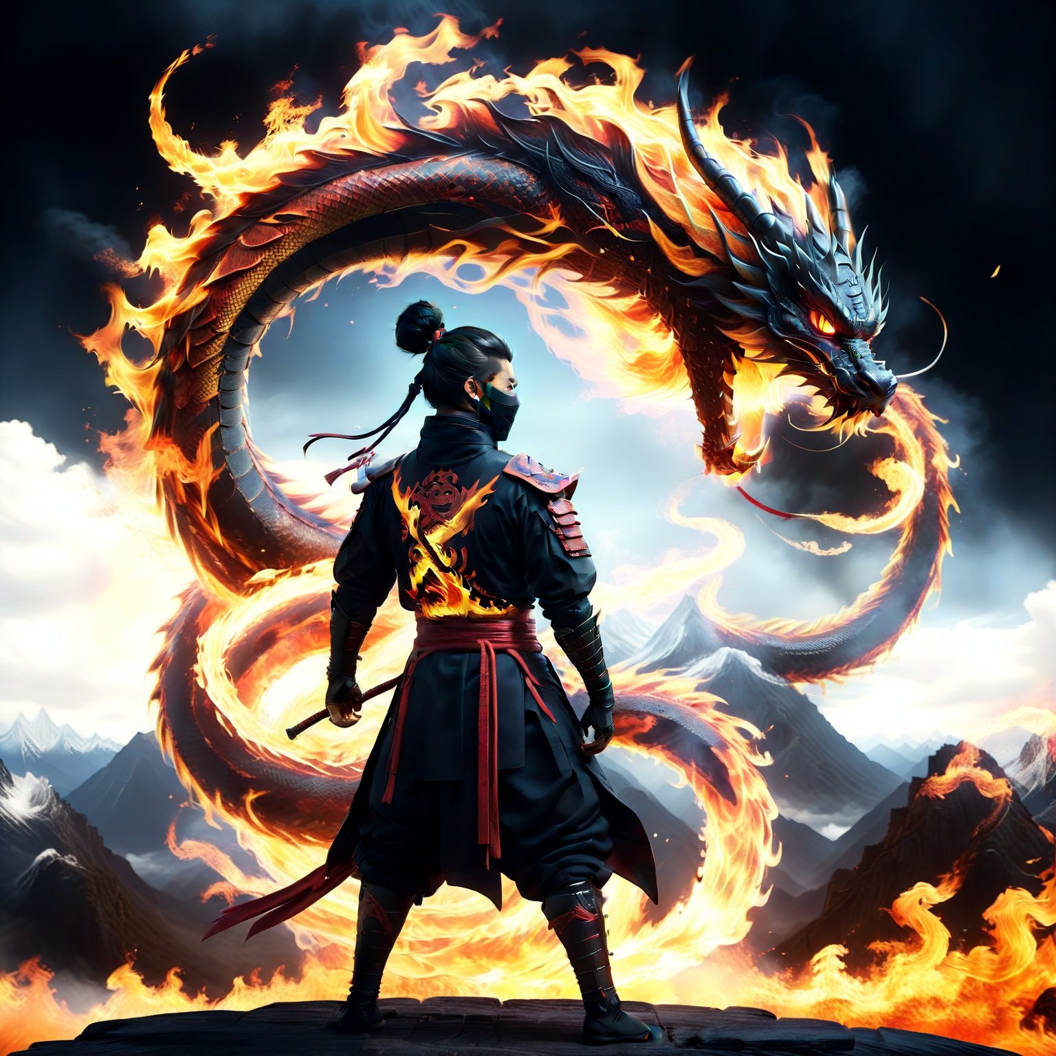 1boy, Ninja, Katon ,Ninjutsu, standing, weapon, male focus, sky, sword, hair bun, from behind, glowing, single hair bun, fire, sheath, mountain, dragon, Chinese dragon like a flame, 
Simple background, Black background, 