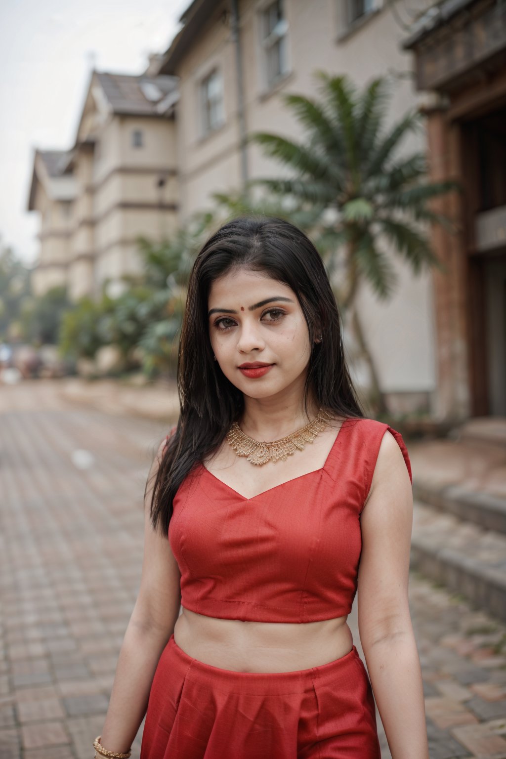 27 year old indian girl, brown long hair , wet hair, wearing red  lehenga , sunny Norway street , round breast , smirk  , red lipstick ,27 yo woman ,27 year old girl,27 old girl,Mallu,Indian,27 yo woman