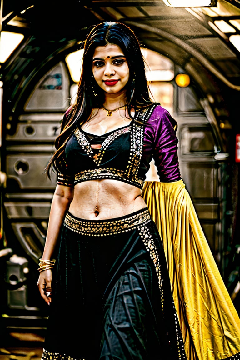 Traditional, 27 year old Kerala girl,  brown long hair , wet hair, wearing purple lehenga, sunny in a space ship, matrix movie, Hollywood cinema, , round breast , smirk  , red lipstick ,27 yo woman ,27 year old girl,27 old girl,Mallu,Indian,27 yo woman,Mallu girl,<lora:659111690174031528:1.0>