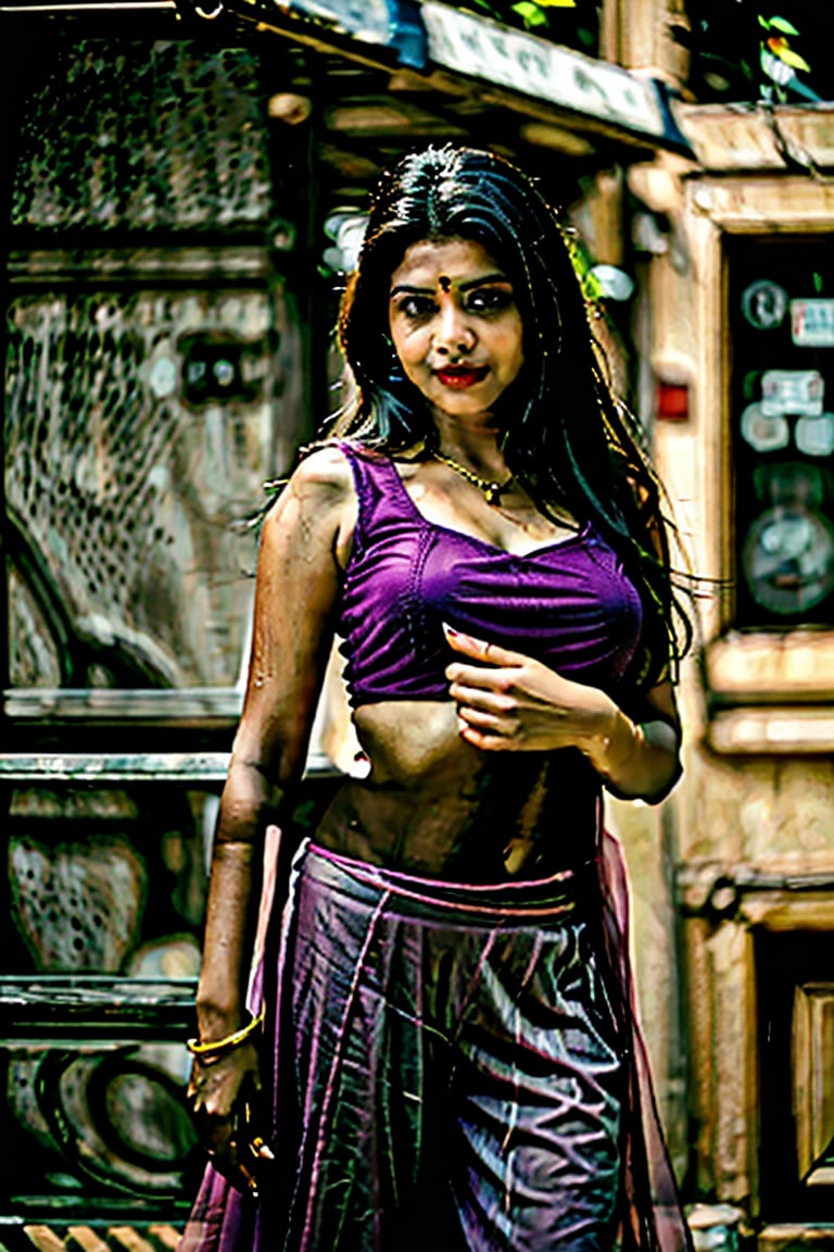 Traditional, 27 year old Kerala girl,  brown long hair , wet hair, wearing purple lehenga, sunny in a space ship, matrix movie, Hollywood cinema, , round breast , smirk  , red lipstick ,27 yo woman ,27 year old girl,27 old girl,Mallu,Indian,27 yo woman,Mallu girl,Mallugirl 27yo,<lora:659111690174031528:1.0>