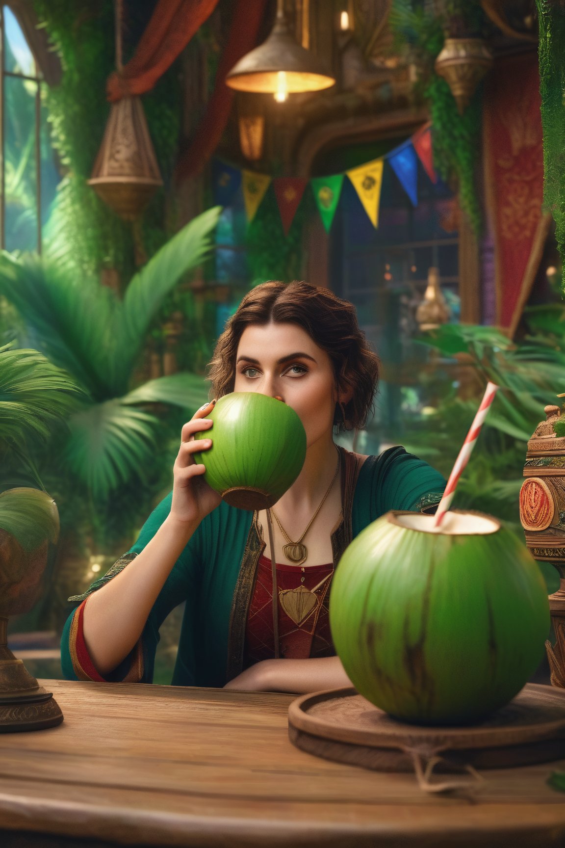 an woman drinking water from a green coconut with a straw is in the foreground. The surrounding decor contains green plants, a triforce symbol, Harry Potter references and circus flags, detailed matte painting, deep colors, fantastic and intricate details, splash screen, complementary colors, fantasy concept art, 8k resolution trending on Artstation Unreal Engine