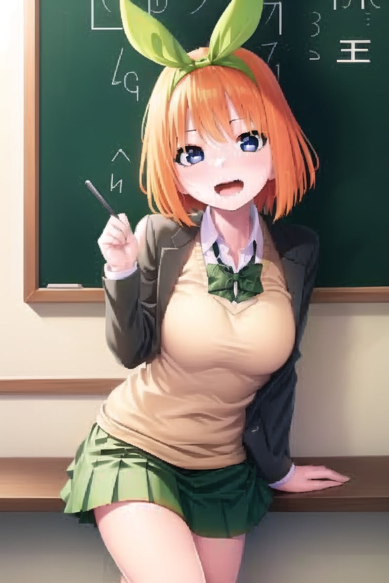 1girl, nakanoyotsuba, blue eyes, orange hair, short hair, green ribbon, school girl,(best quality, cute,masterpiece