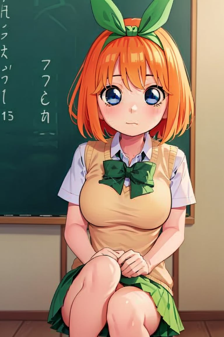 1girl, nakanoyotsuba, blue eyes, orange hair, short hair, green ribbon, school girl,(best quality, cute,masterpiece