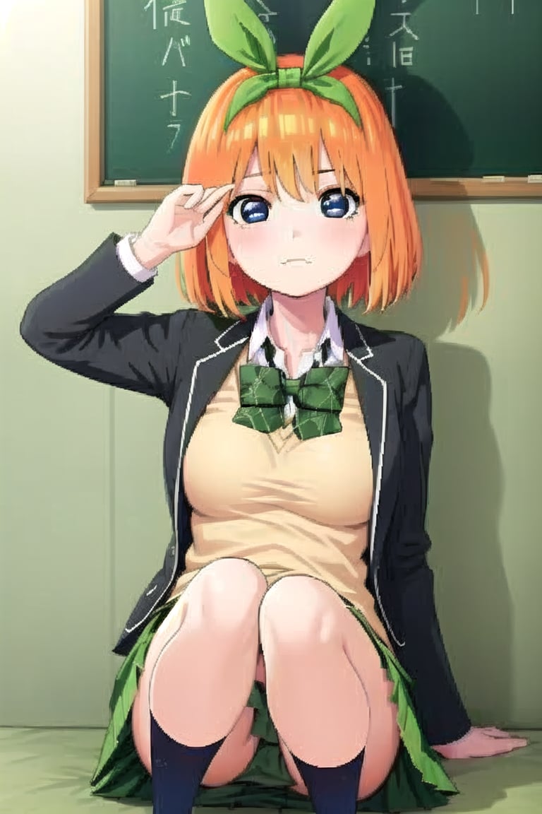 1girl, nakanoyotsuba, blue eyes, orange hair, short hair, green ribbon, school girl,(best quality, cute,masterpiece