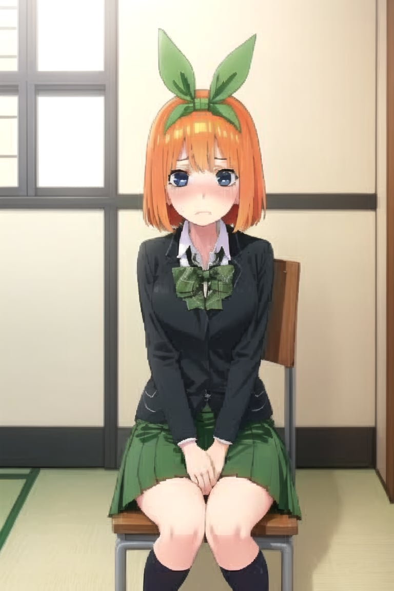 1girl, nakanoyotsuba, blue eyes, orange hair, short hair, green ribbon, school girl,(best quality, shy