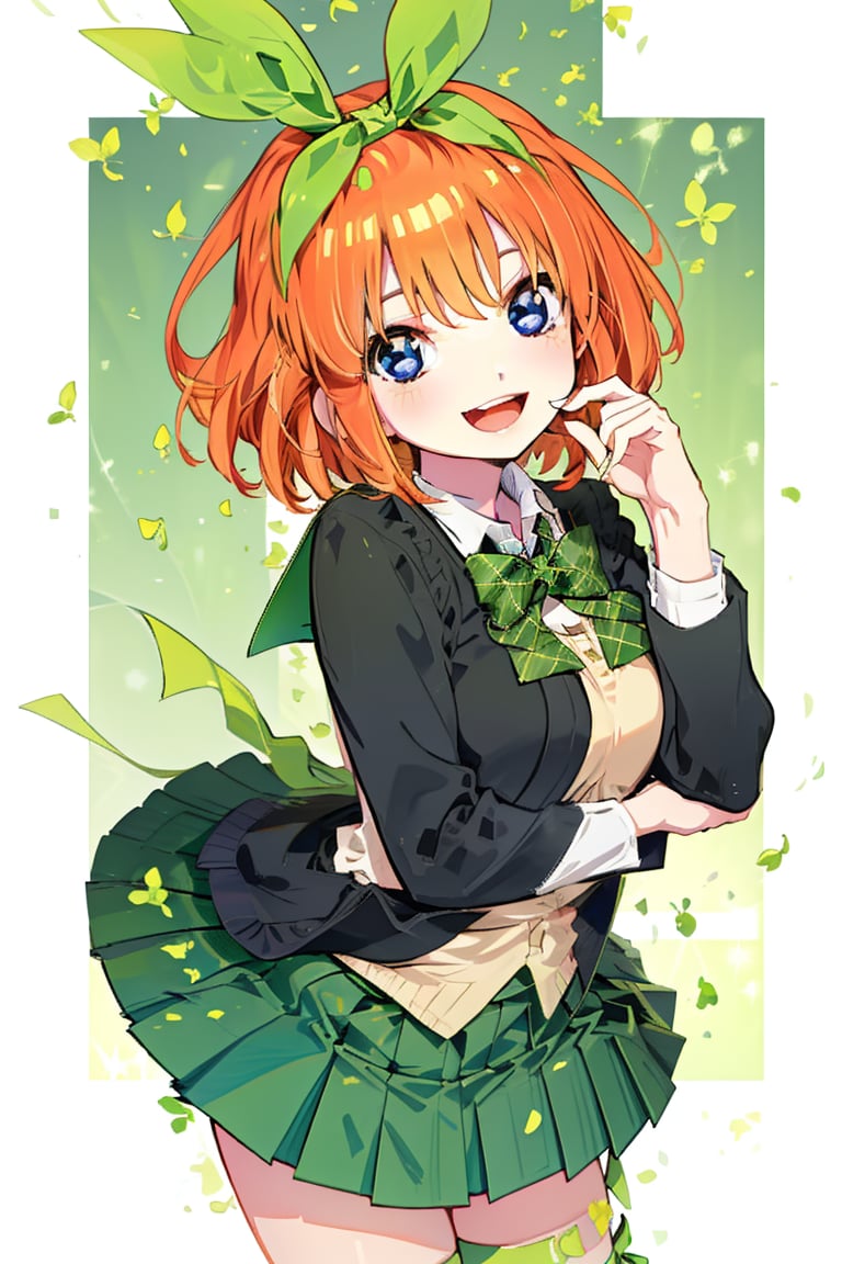 1girl, nakanoyotsuba, blue eyes, orange hair, short hair, green ribbon, school girl,(best quality, smily