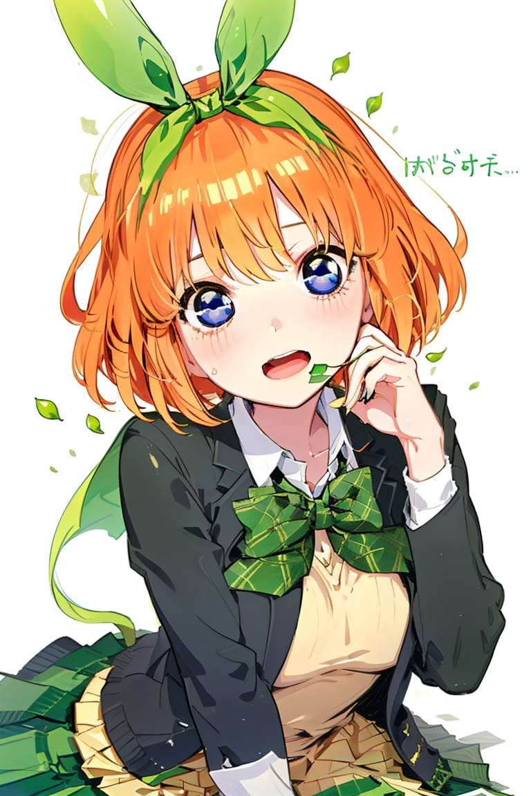 1girl, nakanoyotsuba, blue eyes, orange hair, short hair, green ribbon, school girl,(best quality