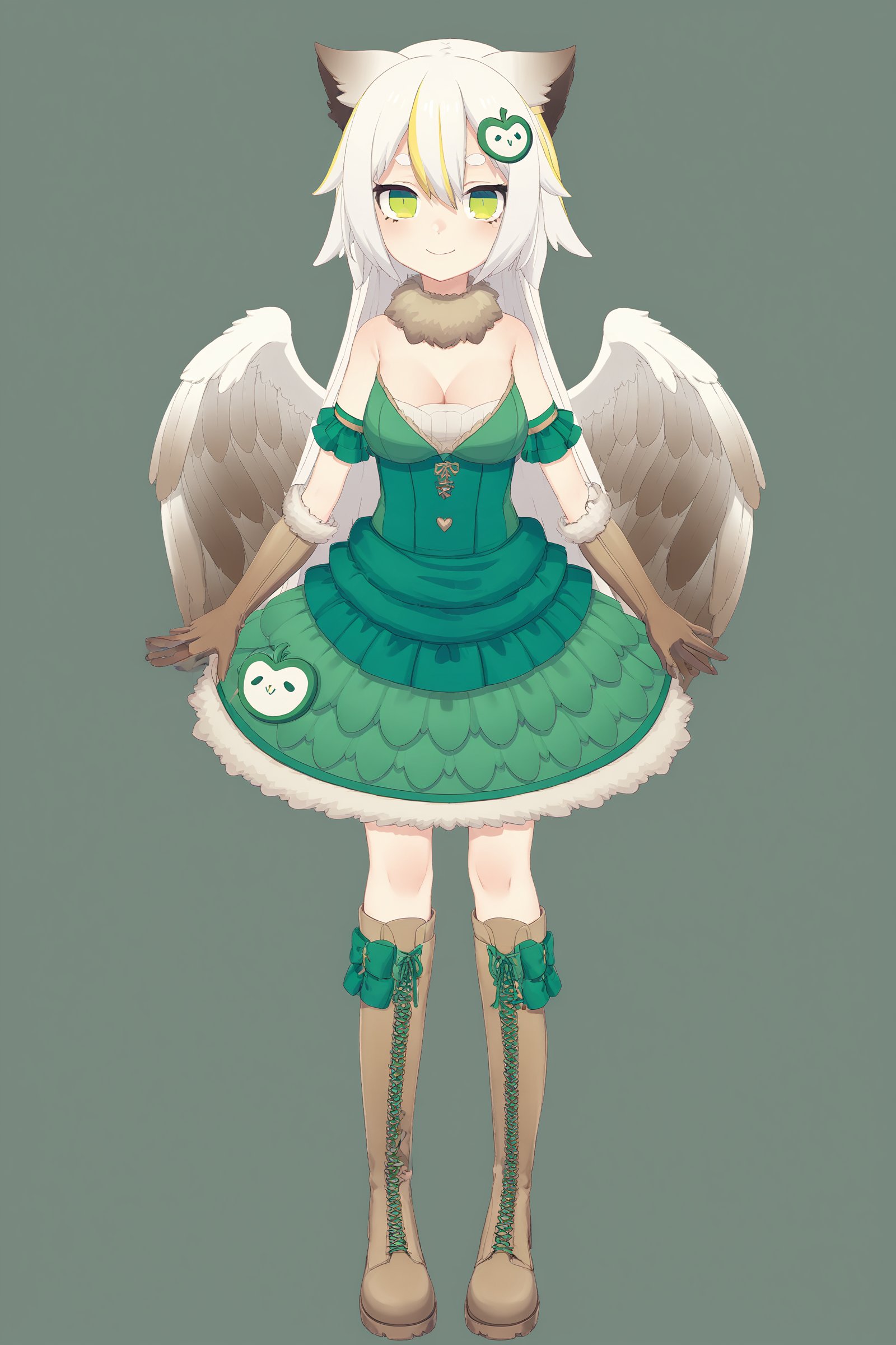 symmetry, 1girl , loli , child , solo, long hair, breasts, looking at viewer, smile, blonde hair, simple background, hair ornament, gloves, dress, animal ears, cleavage, hair between eyes, bare shoulders, medium breasts, closed mouth, green eyes, standing, full body, white hair, multicolored hair, boots, wings, elbow gloves, streaked hair, fur trim, brown footwear, knee boots, black background, feathered wings, brown gloves, cross-laced footwear, green dress, white wings, lace-up boots