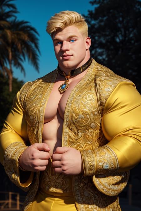 hasselblad photograph of, a beefy 20yo strongman, muscular, blonde, cute, thick lips, cleft chin, blue eyes, burly, (collar), (solo), pale skin, golden hour, broad shoulders, (extravagant opulent clothes),