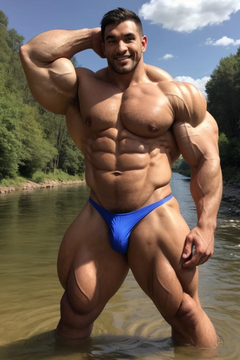 a man in the river, huge muscles, thong.