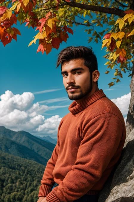 vacation photograph of, a handsome 25yo colombian male, on a mountaintop, (clouds), stubble, (long hair:0.4), knitted sweater, sharp focus, (kodak portra 800:0.4), vivid colours, tree, falling leaves, portrait, (close-up:0.7),