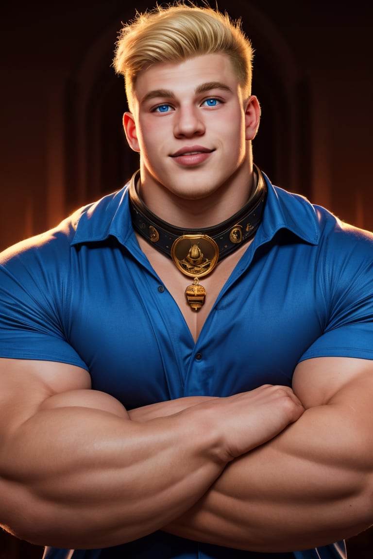 hasselblad photograph of, a beefy 20yo strongman, muscular, blonde, cute, thick lips, cleft chin, blue eyes, burly, (collar), (solo), pale skin, golden hour, broad shoulders, (extravagant opulent clothes),