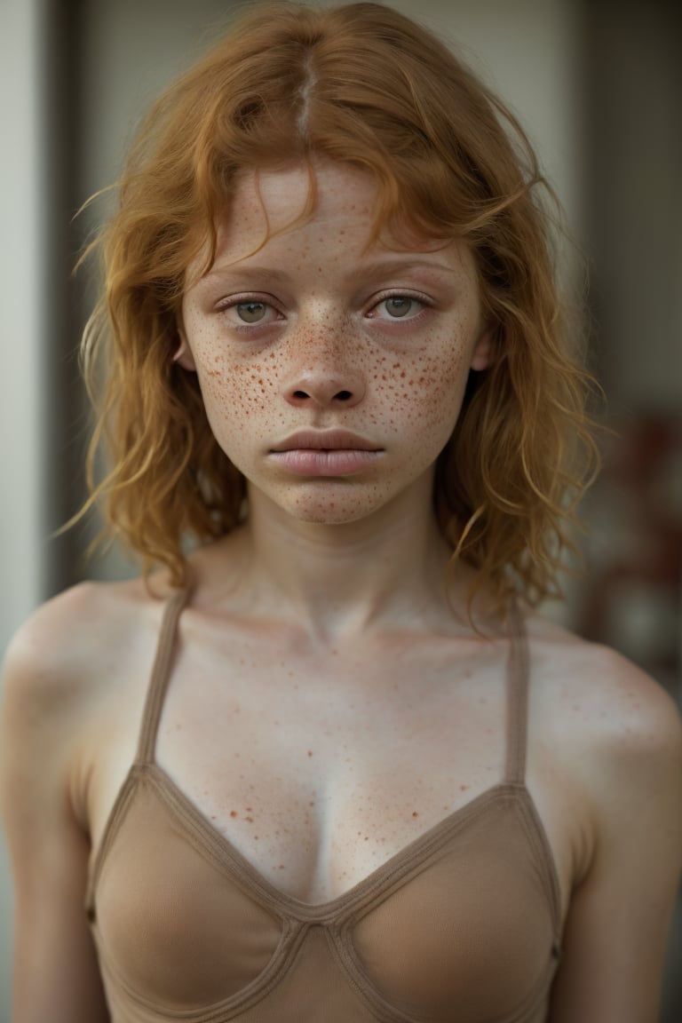 closed mouth, shut lips,  close-up, snub nose, many freckles, freckled body, freckled face, redhead, messy short hair, windblown, Melanie Thierry,  Carmen Solomons, 15 years old, thin, open eyes, skinny, very big lips, 