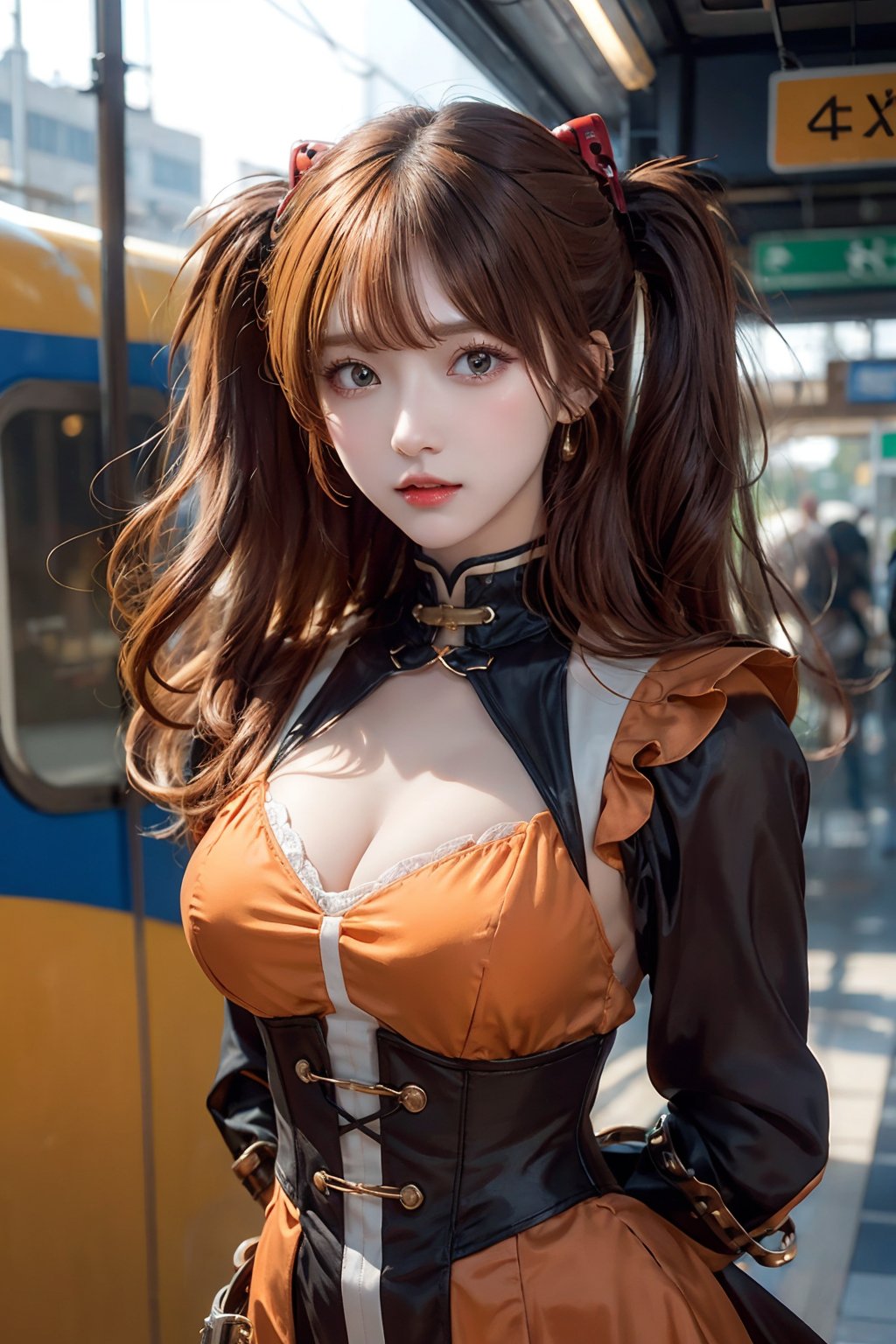 1girl, solo, orange hair, two side up hair, breasts, looking at viewer, brown eyes, anime waifu, upper body, parted lips, busty, blurry, lips,  steampunk, fantasy, dynamic, standng with arms behind back, steampunk station, train, souryuuasukalangley, orange theme, steampunk corset dress, highneck dress, halterneck dress, 