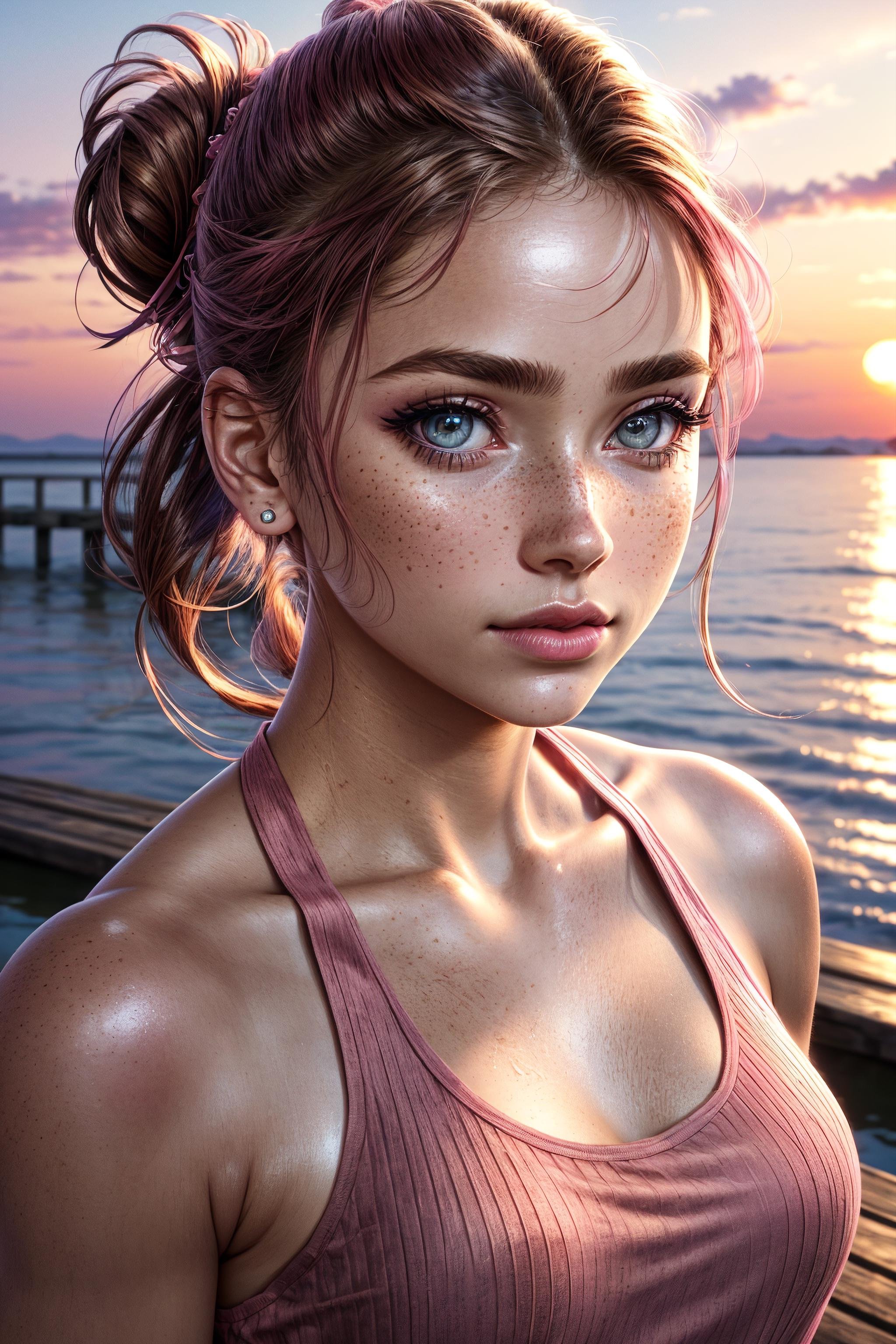 on the wooden pier, (tank top:1.2), (pink halter top:1.4), 1girl, fully clothed, looking at viewer, (extreme close up, ecu, full face shot:1.3), (detailed face:1.4), (candid photography:1.2), colorful, content, relaxed, soft smile, (shoulder length hair:1.3), (foundation, concealer, mascara, rosy cheeks, smokey eye makeup, lipstick:1.3), nail polish, (beautiful, gorgeous, flawless complexion:1.2), hair clips, hair bands, ribbons, lip gloss, shiny lips, freckles, antique rose, rustic brown, warm beige, dusty blue, faded olive, standing, (sunset, dusk:1.25), <lora:more_details:0.5>, fcDetailPortrait, professional photography, HDR (High Dynamic Range), subsurface scattering, realistic, heavy shadow, masterpiece, ultra realistic, high resolution, golden ratio, rule of thirds, intricate, high detail, film photography, DSLR, (hair up in ponytail:1.3), (blue eyes:0.8), brunette hair