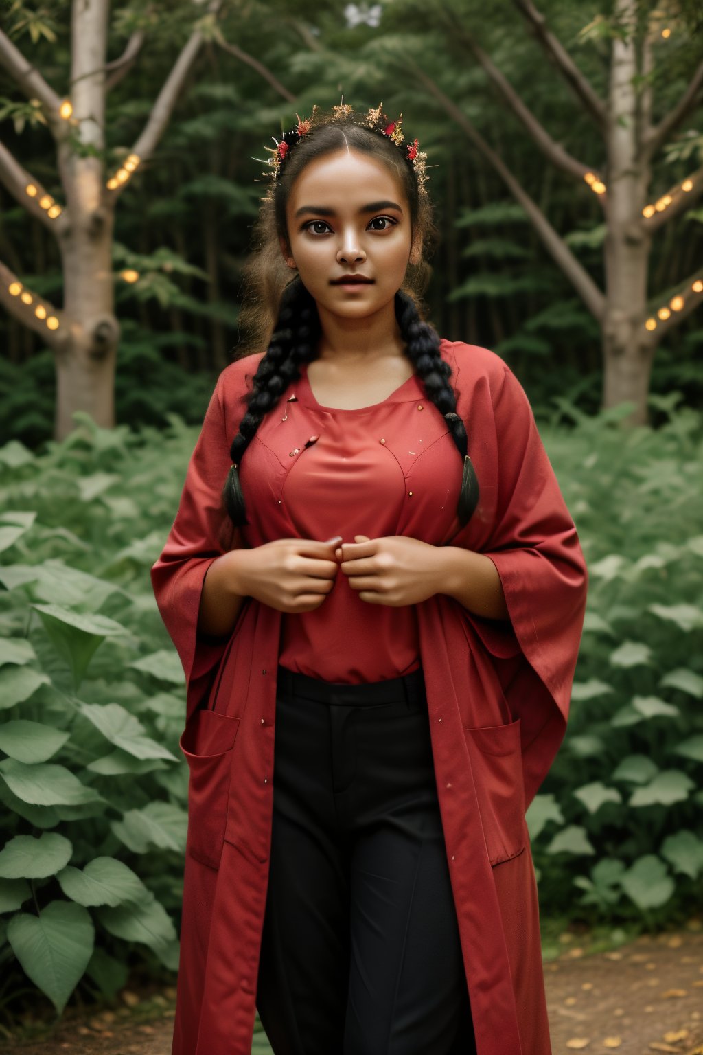 (Tall young woman, blonde, red eyes, glowing eyes, braided hairstyle,) coat, black coat, shirt, red shirt, pants, black pants, crown, king, cape, black waistcoat, ,Hanahaki disease, flower background