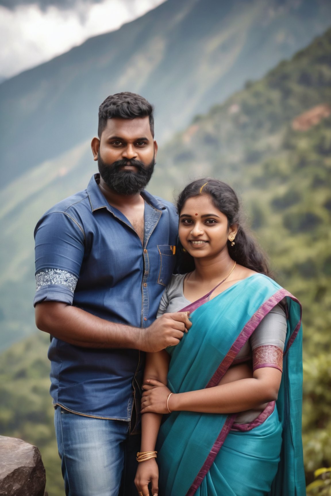 Mallu beautiful couples 22 years old girl with saree 30years old beard man jeans and t-shirt they are taking photo on a mountain a beautiful high range place fully missed and cloud cinematic shot and cinematic colour grade their posing for photo, highly details and sharp focus realistic raw photo of Sony s7iii, ,Couples