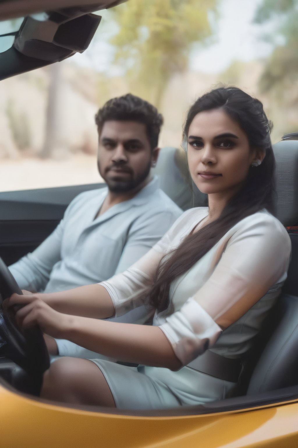 1girl one boy,  Front view of Lamborghini,  A girl driving Lamborghini car,  and her husband sitting next chair, cinematic photography,  moody,  , photorealistic, Mallugirl, 1boy,,,
