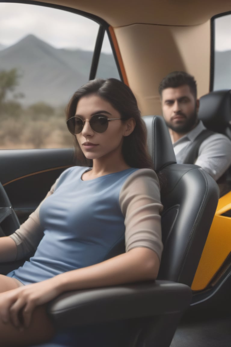 1girl one boy,  Front view of Lamborghini,  A girl driving Lamborghini car,  and her husband sitting next chair, cinematic photography,  moody,  , photorealistic, Mallugirl, 1boy,,,
