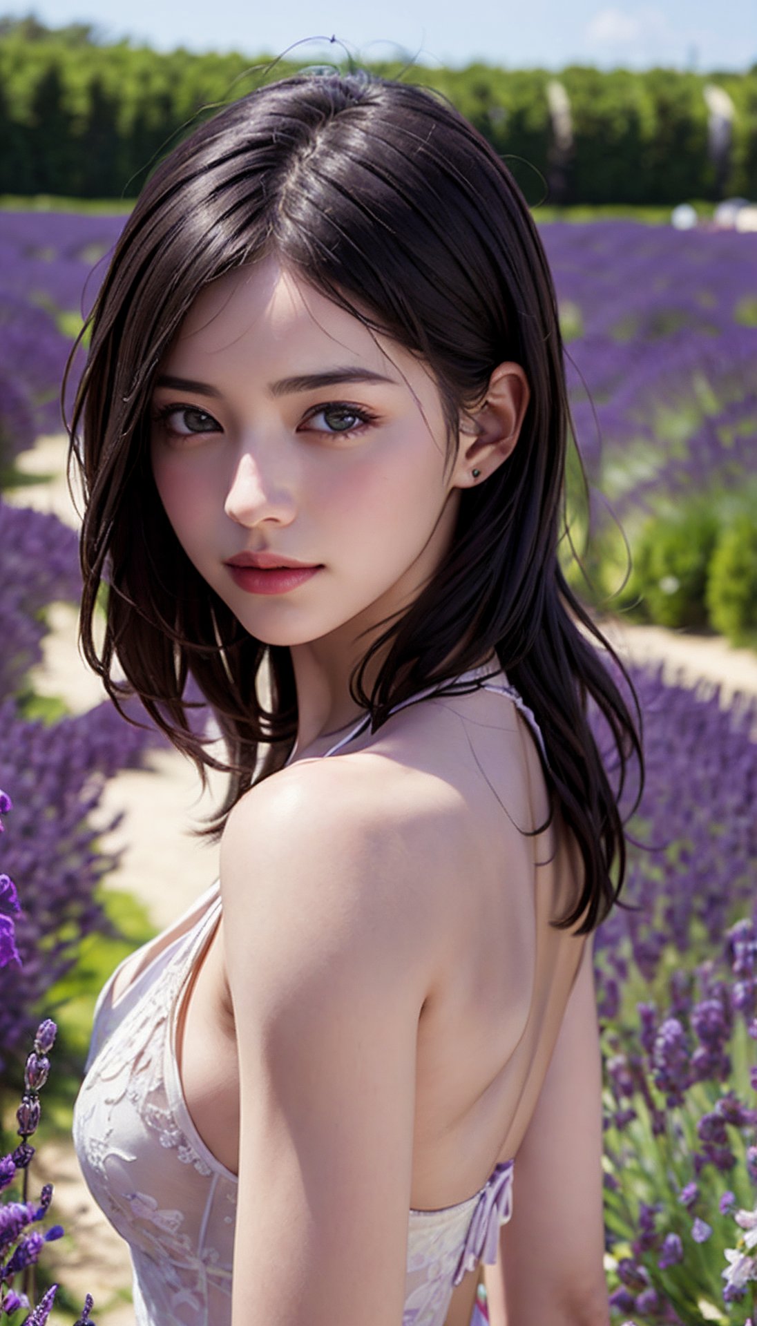 (best quality, masterpiece:1.2),ultra detailed,(photo realistic:1.4),1girl,lavender_field_background