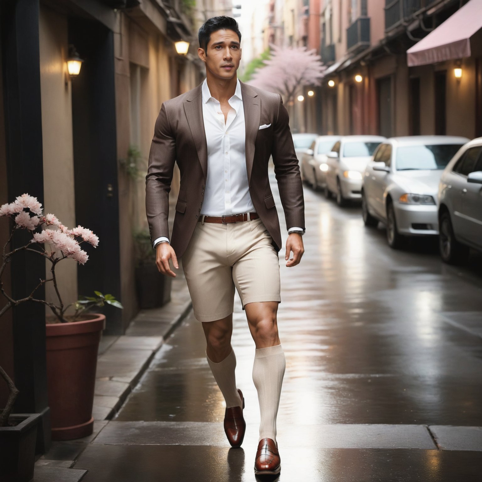 2guy, full body,1m apart, in a very narrow alley, photorealistic, RAW, soft lighting, wearing dark over the calf socks with vertical stripe and beige oxford shoes, wearing blazer and white bermuda shorts, editorial, 178cm tall, blurred background, striped shirt, large bulge, cherry blossom, wearing brown formal shoes, the first man is Latino, tanned, 30yo. The second man is Korean, muscular, with pale white skin. 20yo. raining, sunset