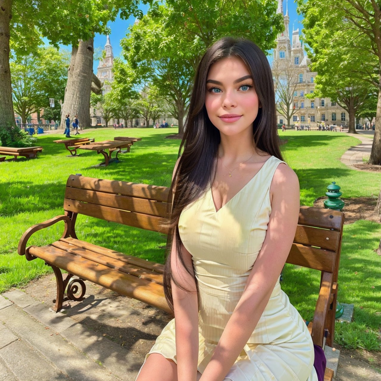 A girl sitting on a bench in a park, beautiful detailed eyes, soft smile, waiting patiently for someone to come. [Park bench, girl, beautiful detailed eyes, soft smile, waiting, patiently, nature, sunlight, peaceful atmosphere], (best quality, highres, masterpiece:1.2), (realistic, photorealistic:1.37), HDR, vivid colors, warm tones, gentle lighting.