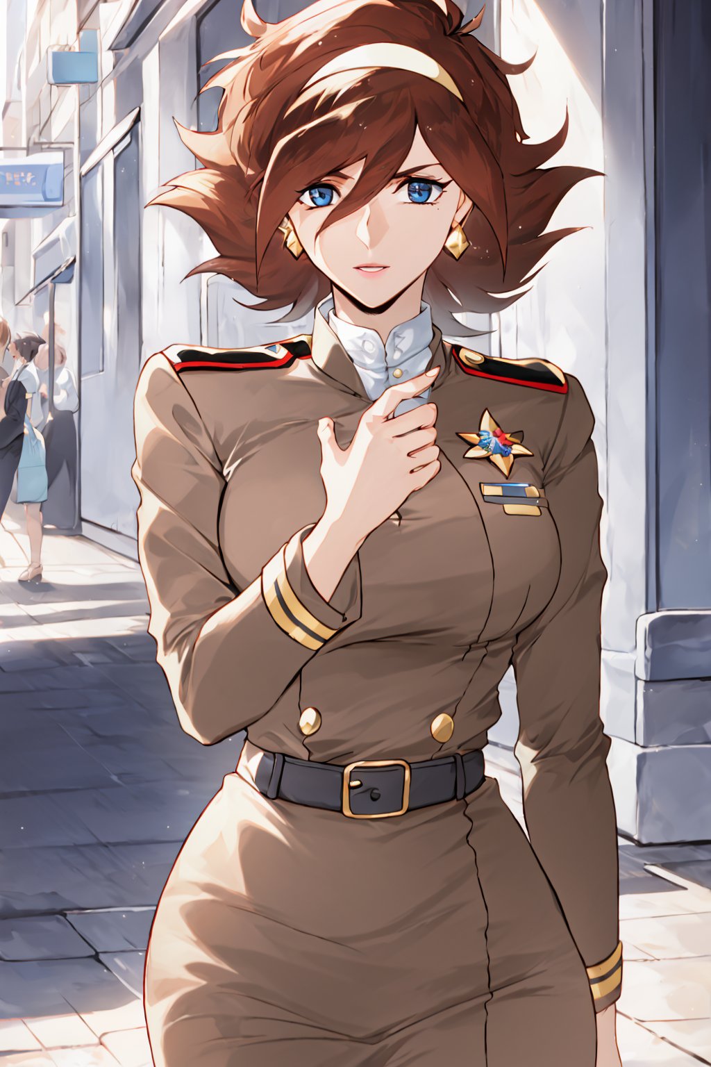 Brown military Uniform, milf, mature female, 20years old,Sexy Pose,short hair, beautiful face, on street ,1 girl, brown hair, blue eyes, earring, hair band, looking_at_viewer,RainMikamura