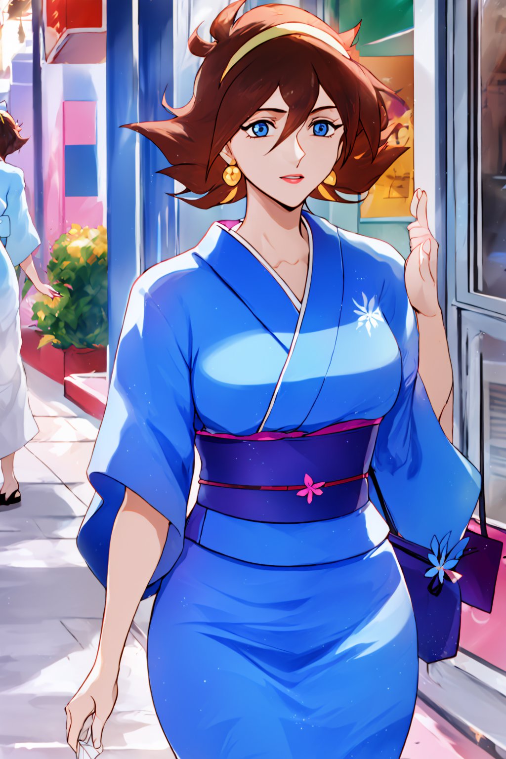 Blue kimono, milf, mature female, 20years old,Sexy Pose, short hair, beautiful face, on street ,1 girl, brown hair, blue eyes, earring, yellow hair band, looking_at_viewer,RainMikamura