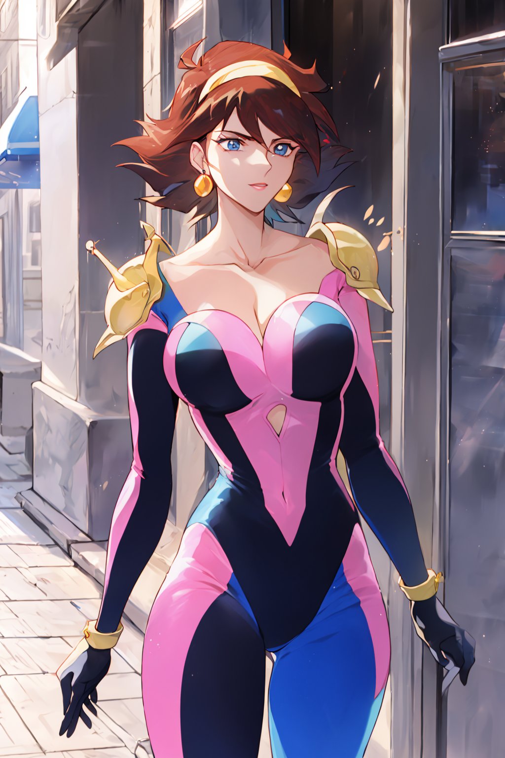 Pink and black fight suit, yellow shoulder gear, milf, mature female, 20years old,Sexy Pose, short hair, beautiful face, on street ,1 girl, brown hair, blue eyes, earring, yellow hair band, looking_at_viewer,RainMikamura